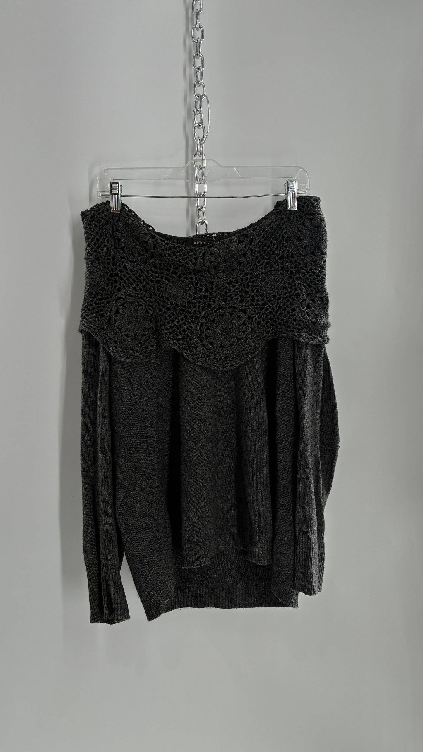 Vintage ELENA MIRO 29% Virgin Wool 8% Angora Wool 8% Cashmere Grey Off the Shoulder Crochet Band Sweater (Medium)