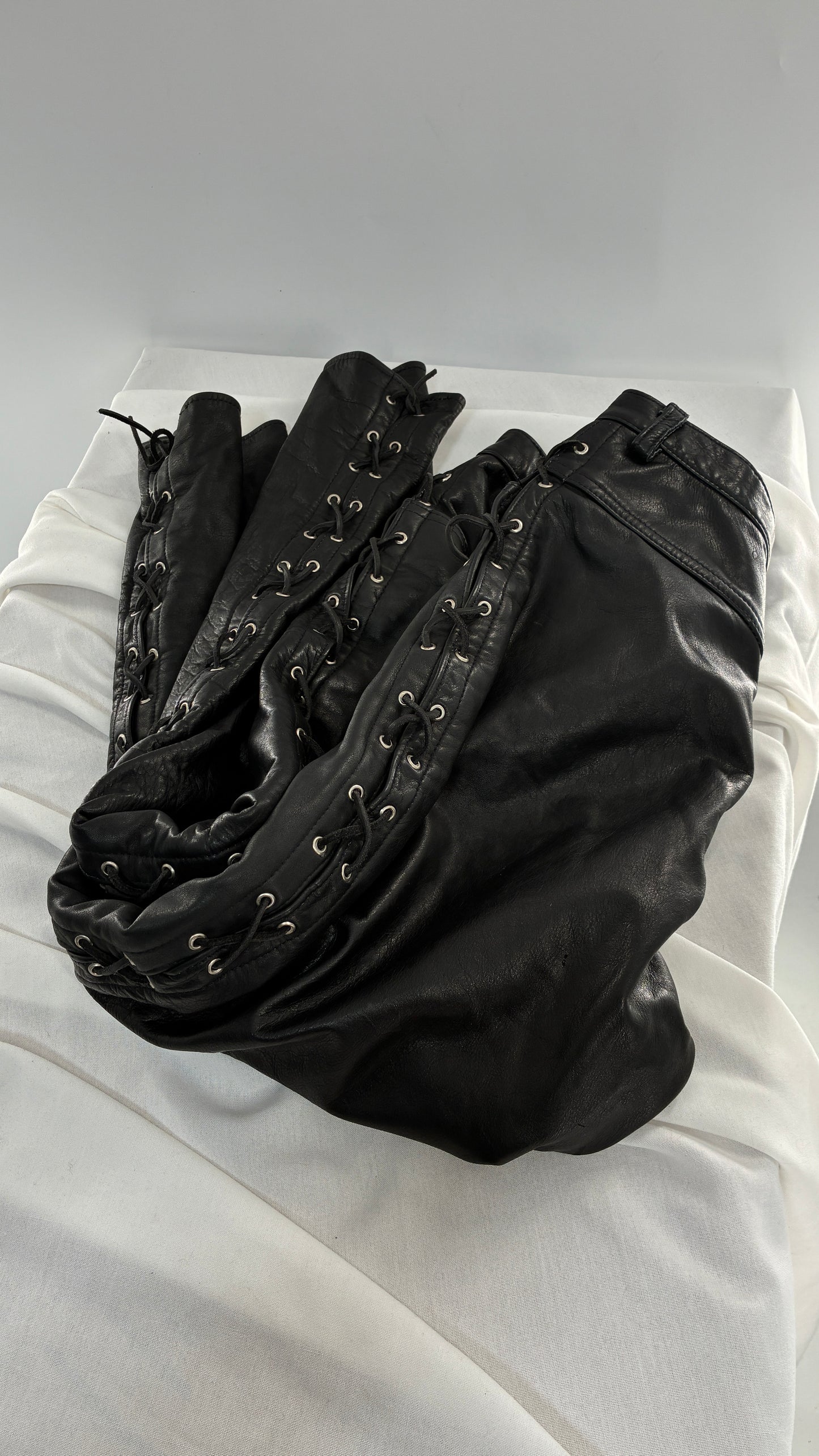 Vintage Thick Ultra Soft Black Leather Pants with Tie Up Sides (Medium)