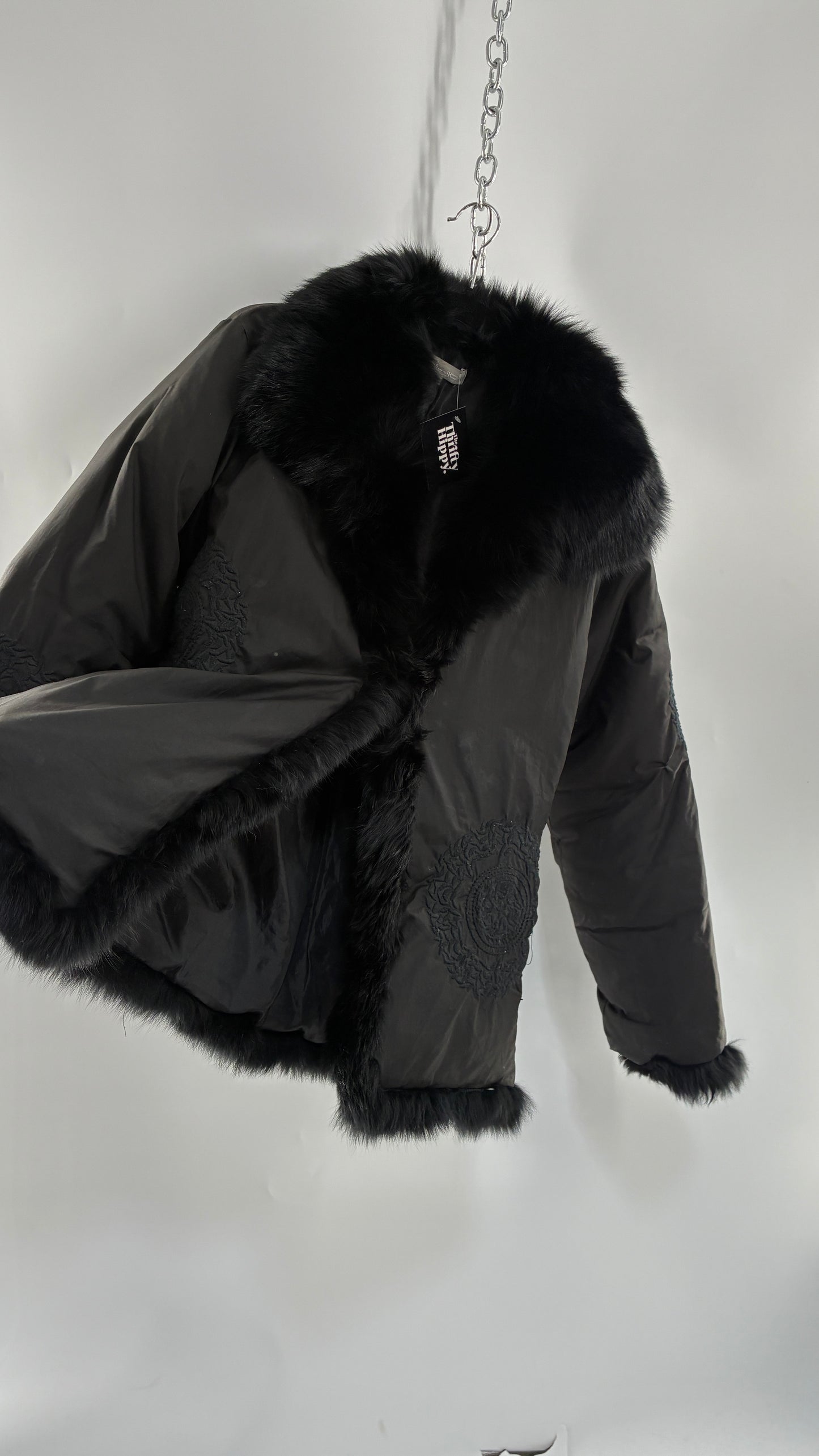Vintage Gi & JO Black Down and Feather Puffer Jacket with Exaggerated Genuine Rabbit Fur Trim and Mandala Embroidery (Medium)
