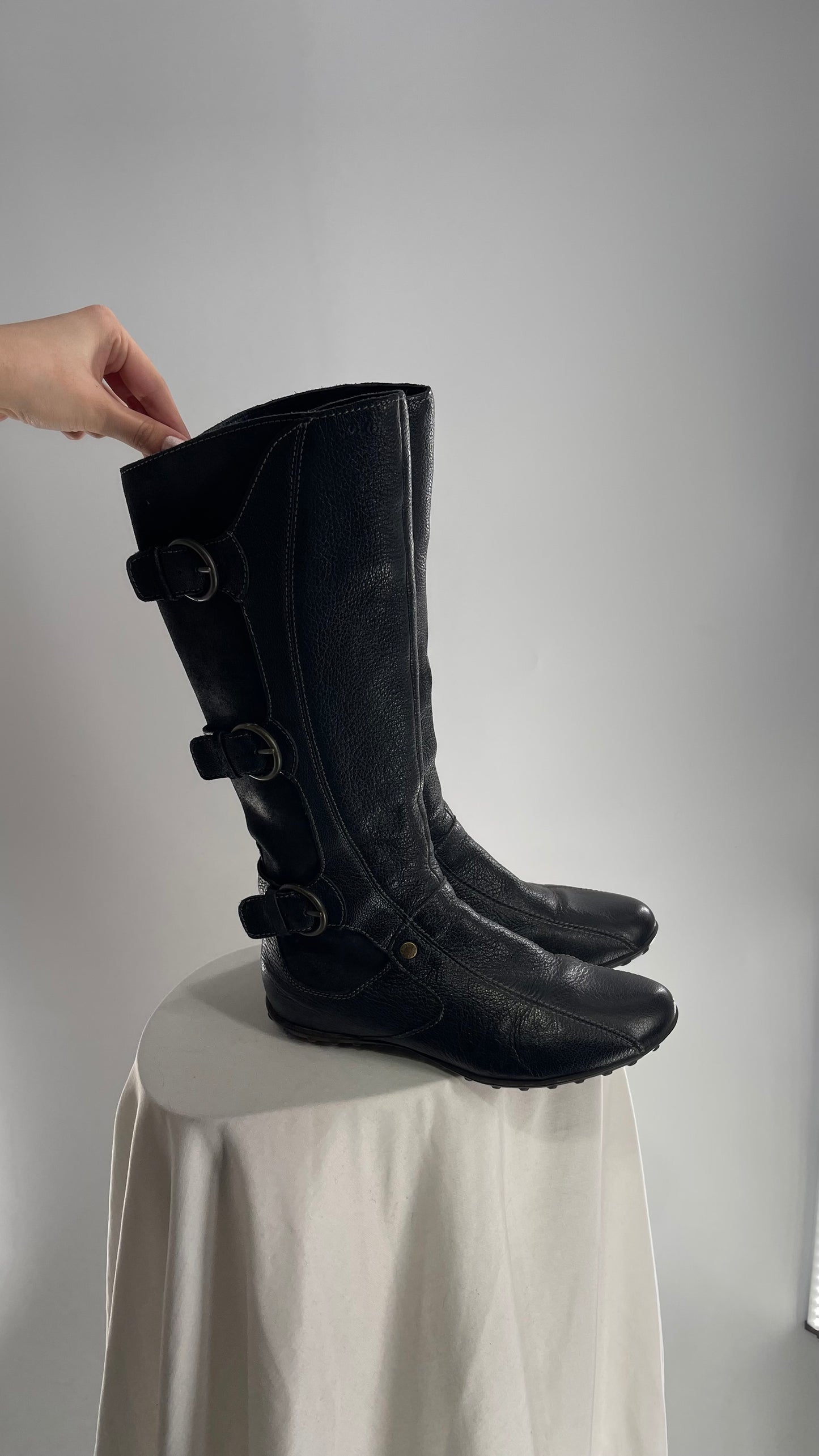 GEOX Black Leather Buckle Knee High Boots