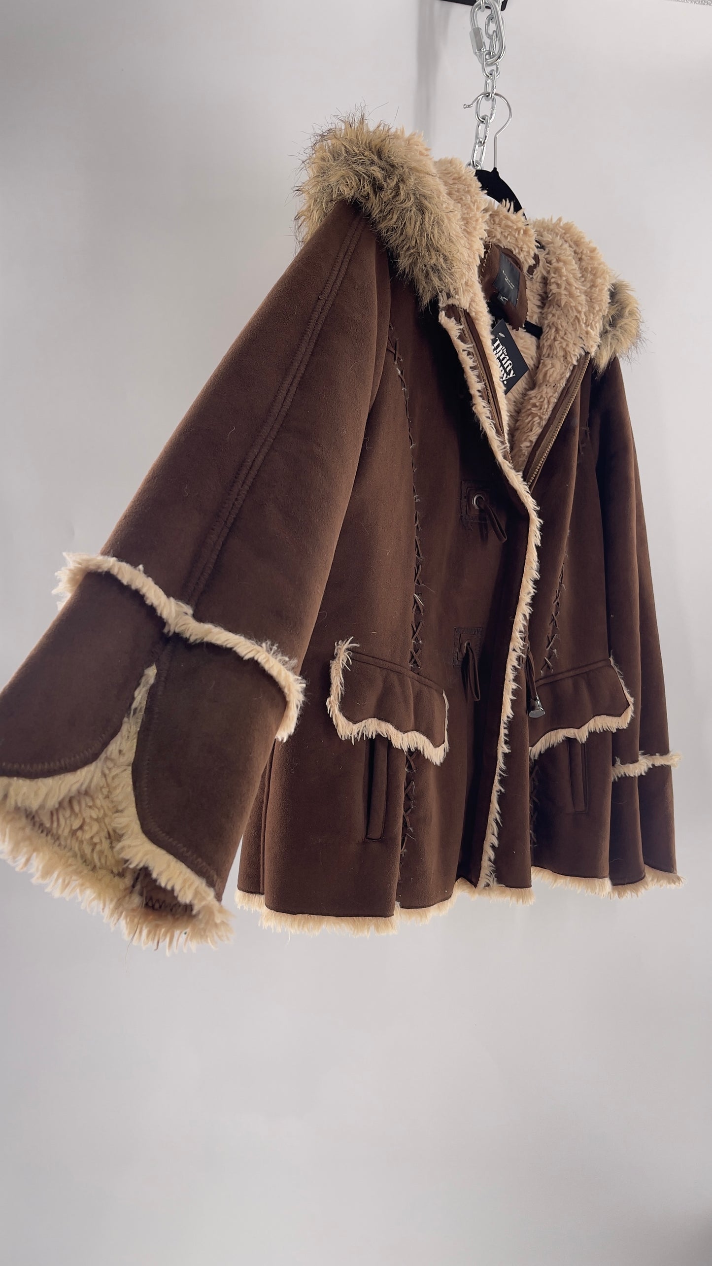 Vintage Braetan Brown Zip Up Coat with Contrast Fur Trim (C) (XL)