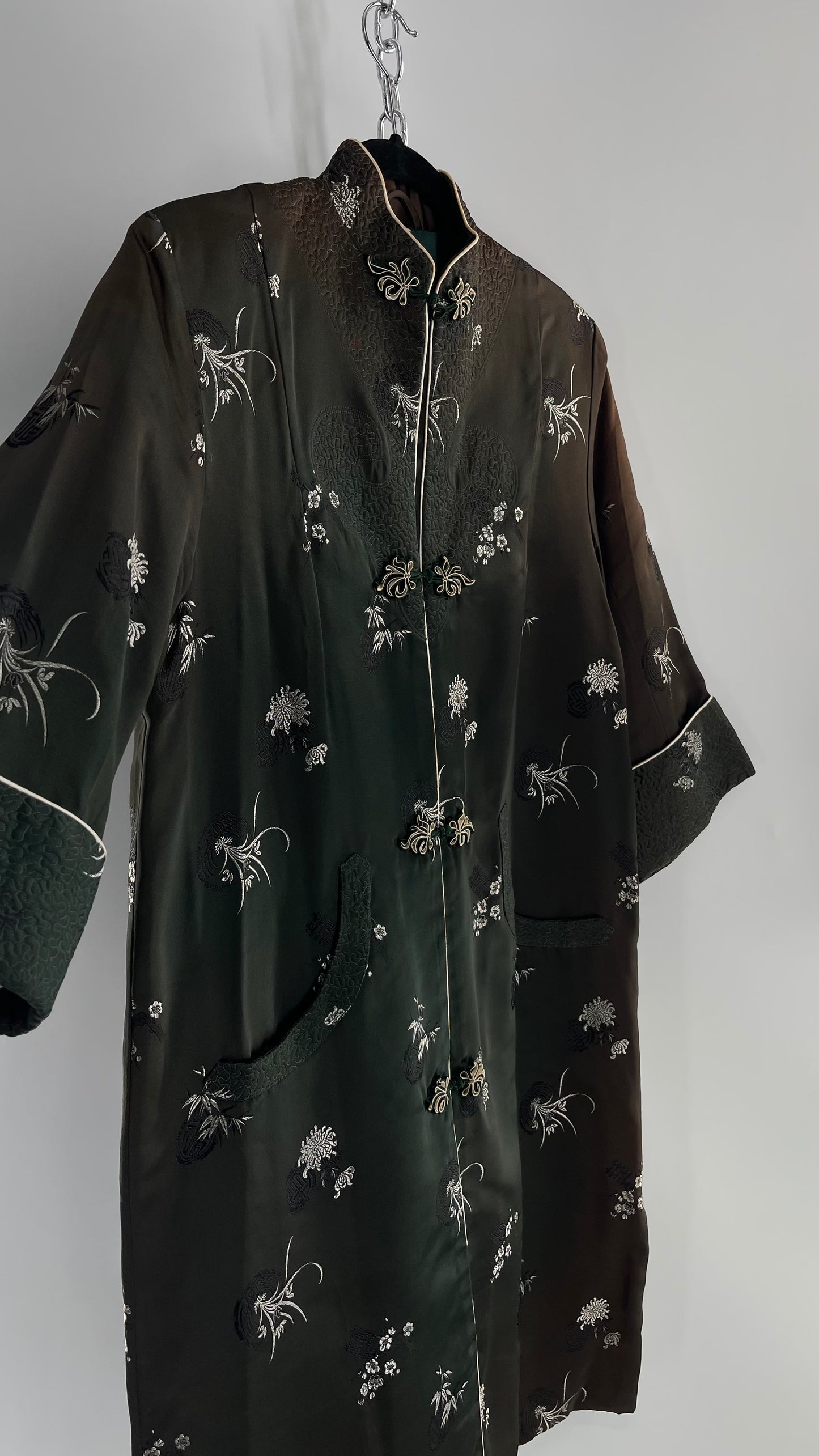 Vintage Hong Kong, Hand Made, Dark Green Silk Kimono Coat/Smoking Jacket (38)