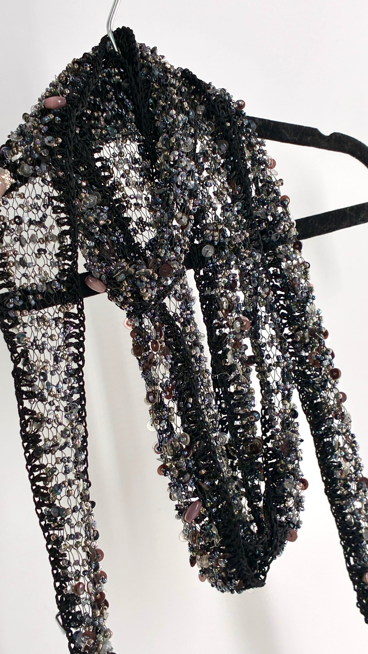 Vintage Black Netted + Crochet Scarf Necklace Covered in Heavy Beading