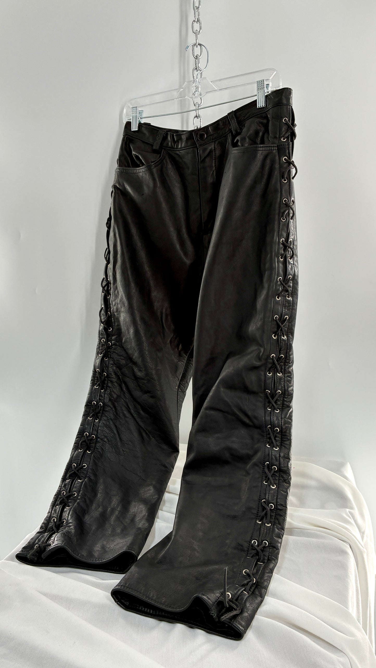 Vintage Thick Ultra Soft Black Leather Pants with Tie Up Sides (Medium)