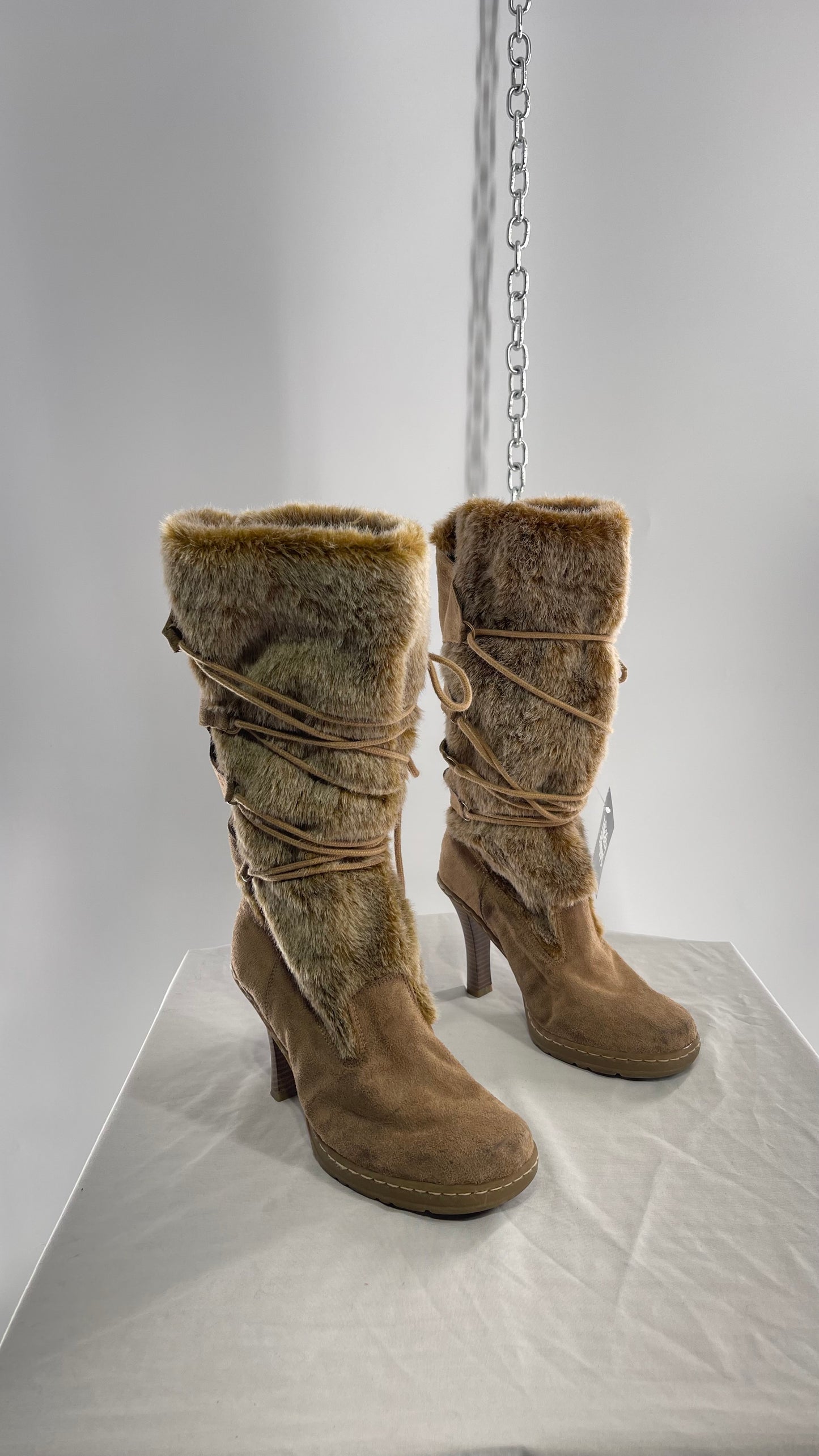Vintage Round Toe Faux Fur Booties with Tie Up Details (7.5)