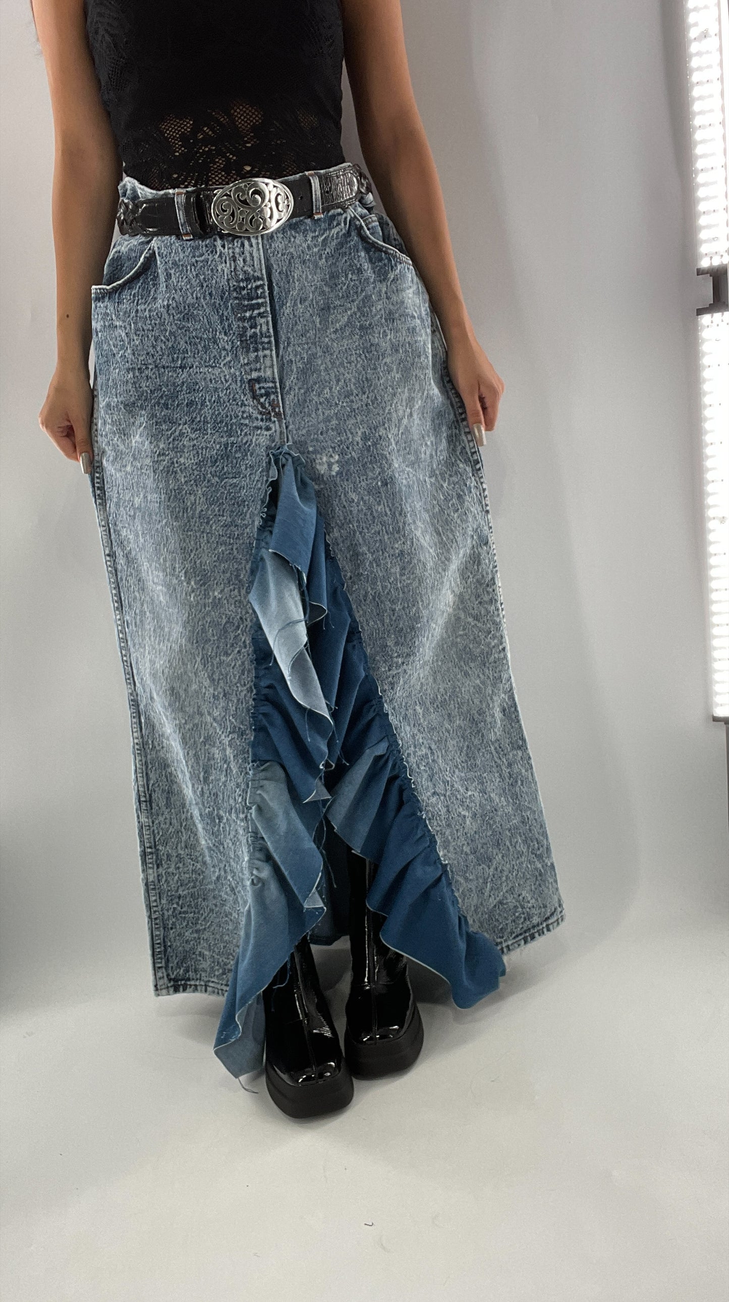 Custom Handmade Acid Wash Denim Slit Front Ruffled Skirt with Bow Bum (Large)