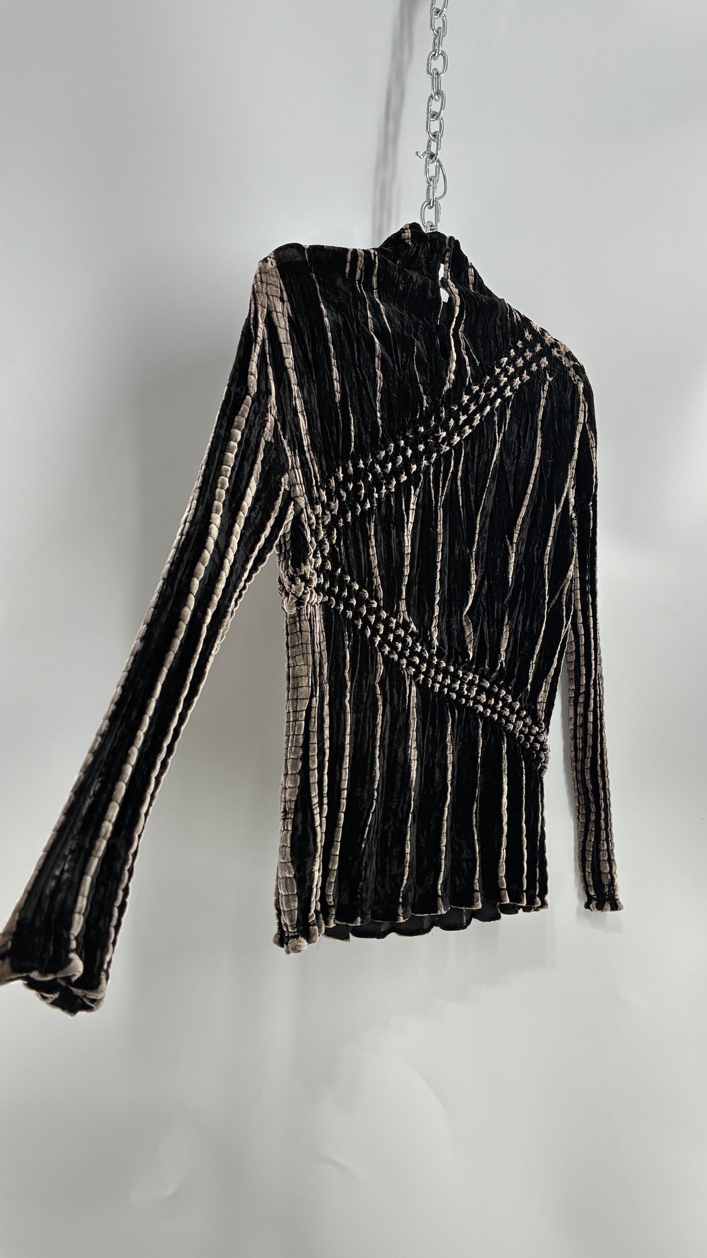 Vintage 1990s Crushed Velvet Black and Beige High Neck Blouse (Small)