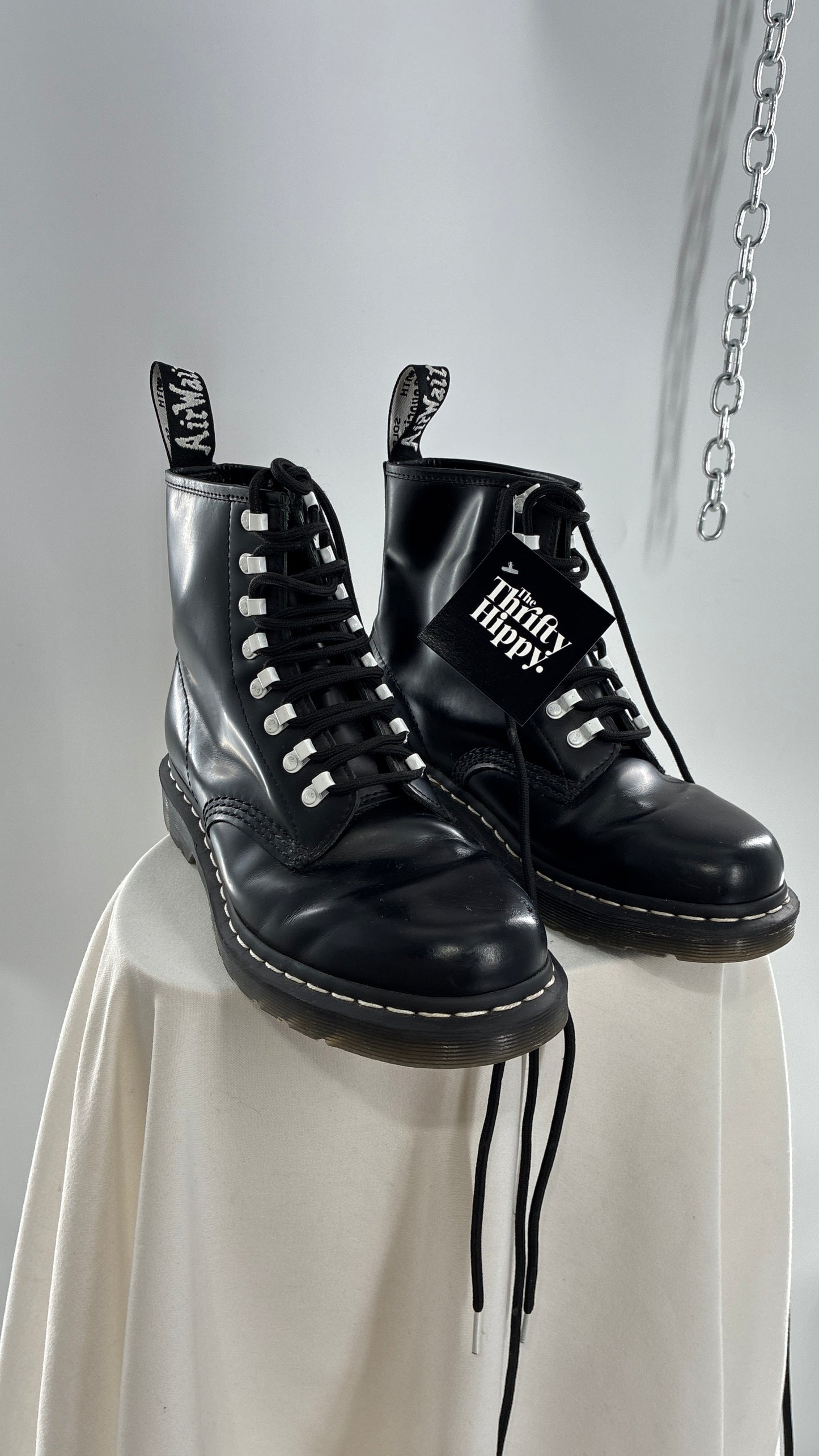 Vintage DR.MARTENS AirWair 1460 DISRUPT Black Patent Leather Boots with White Hardware (8L, 7M)