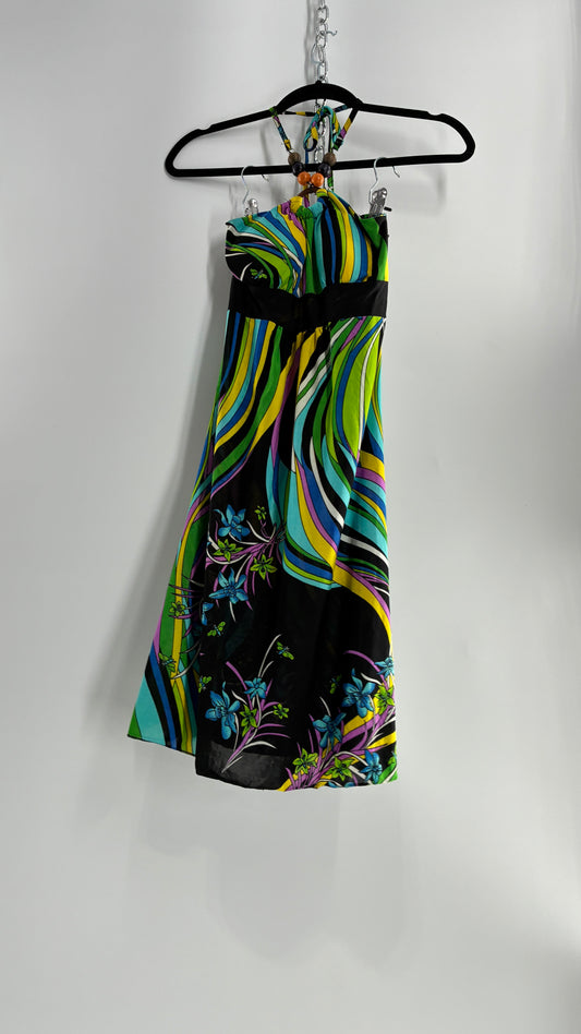 Vintage 1990s Halter Contrast Swirl Dress with Beaded Choker and Built in Bust Padding (Small)