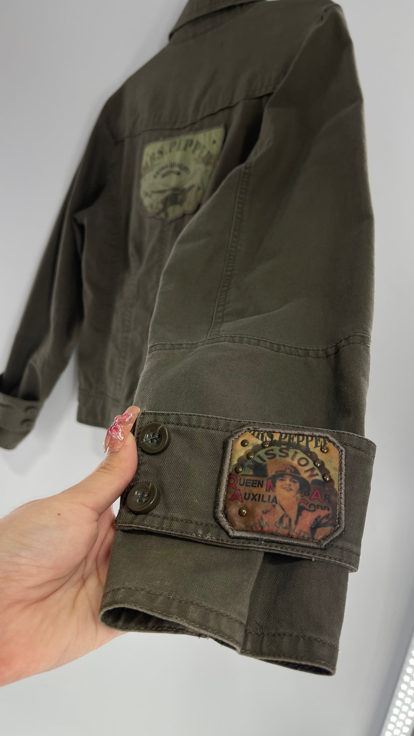 Vintage Mrs.Pepper Army Olive Green Jacket with Military Style Patches and Cuffs (Small)