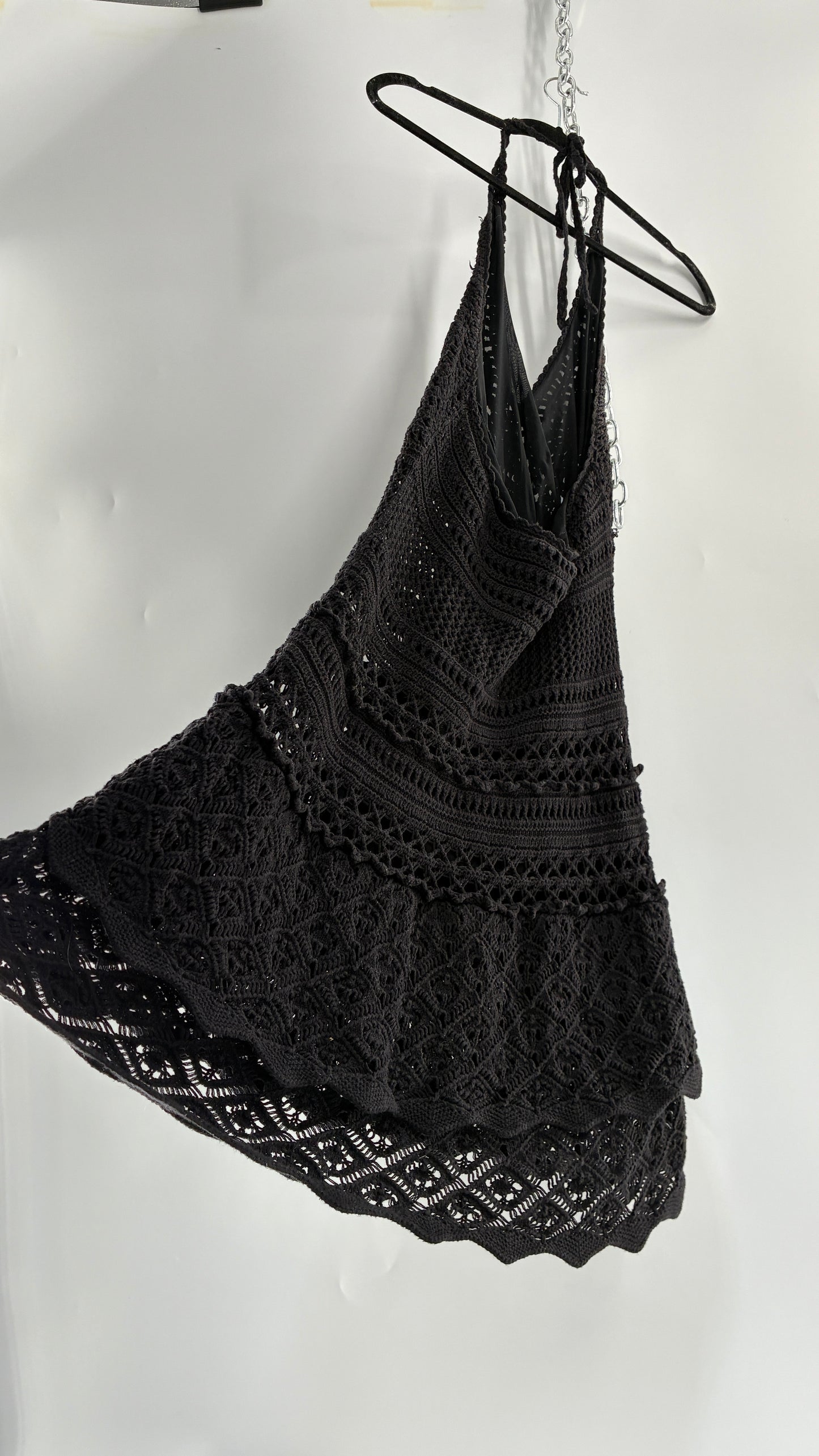 Vintage MODA INTERNATIONAL Black 100% Cotton Crochet Mini Halter Dress with Ruffled Skirt (Medium)