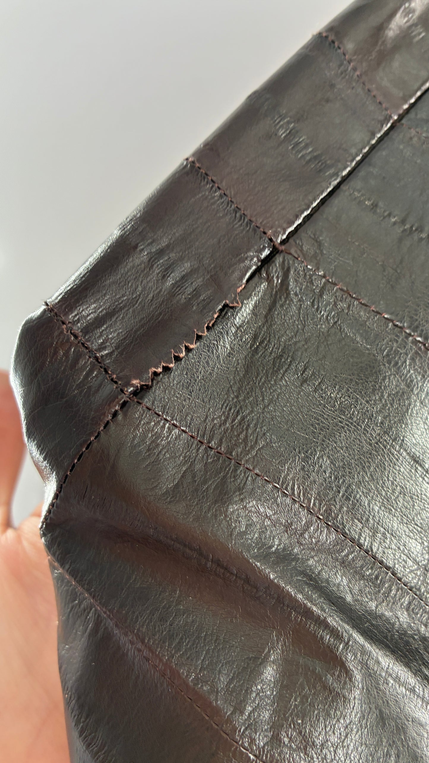 Vintage Handmade Pleated Dark Brown Genuine Leather Patchwork Skirt (XS)