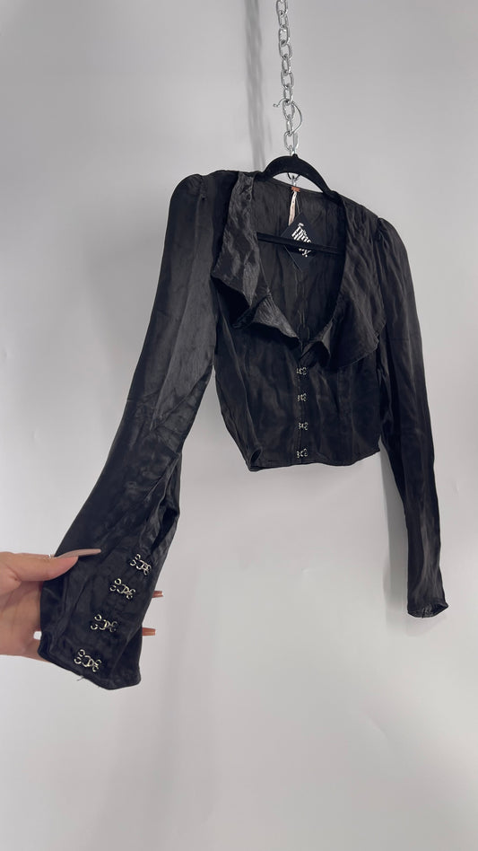 Free People Black Silky Ruffle Neckline Long Sleeve with Grommet Closure Details (Small)