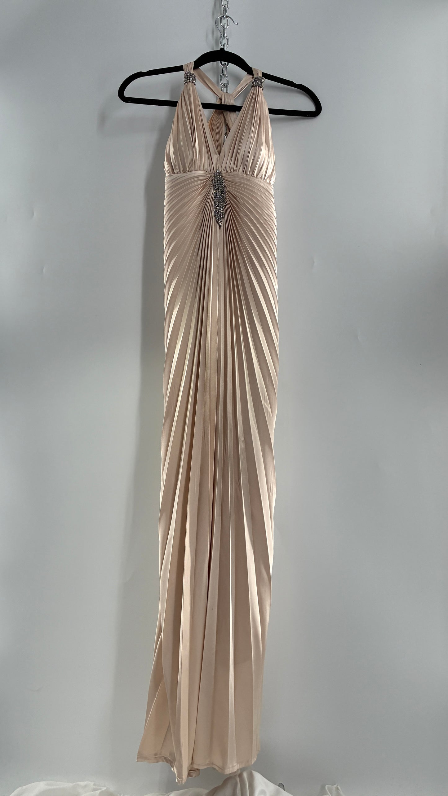 Vintage ISSUE Pleated Champagne Gown with Vented Slit Front, Crystal Bust Appliqué and Strap Cuffs (2)