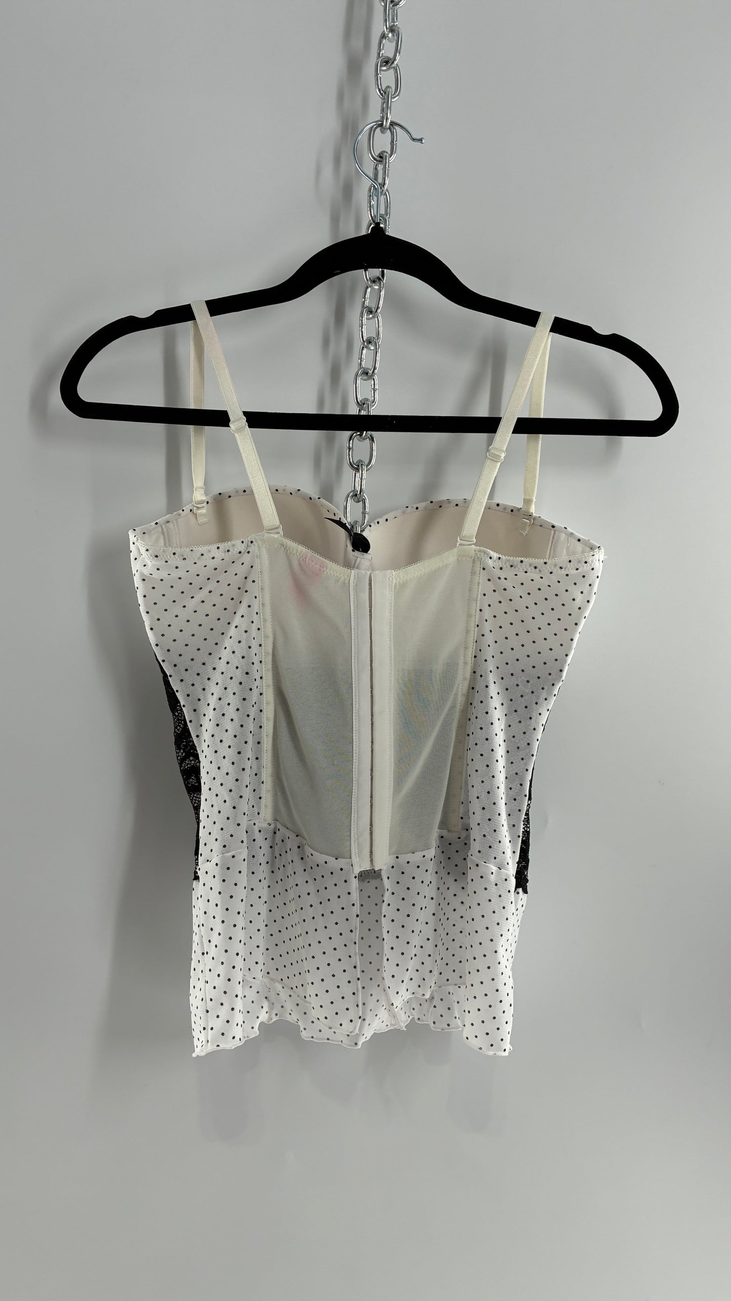 Vintage Black and White Polka Dotted Bustier Babydoll with Lace Bodice Detailing (Medium)
