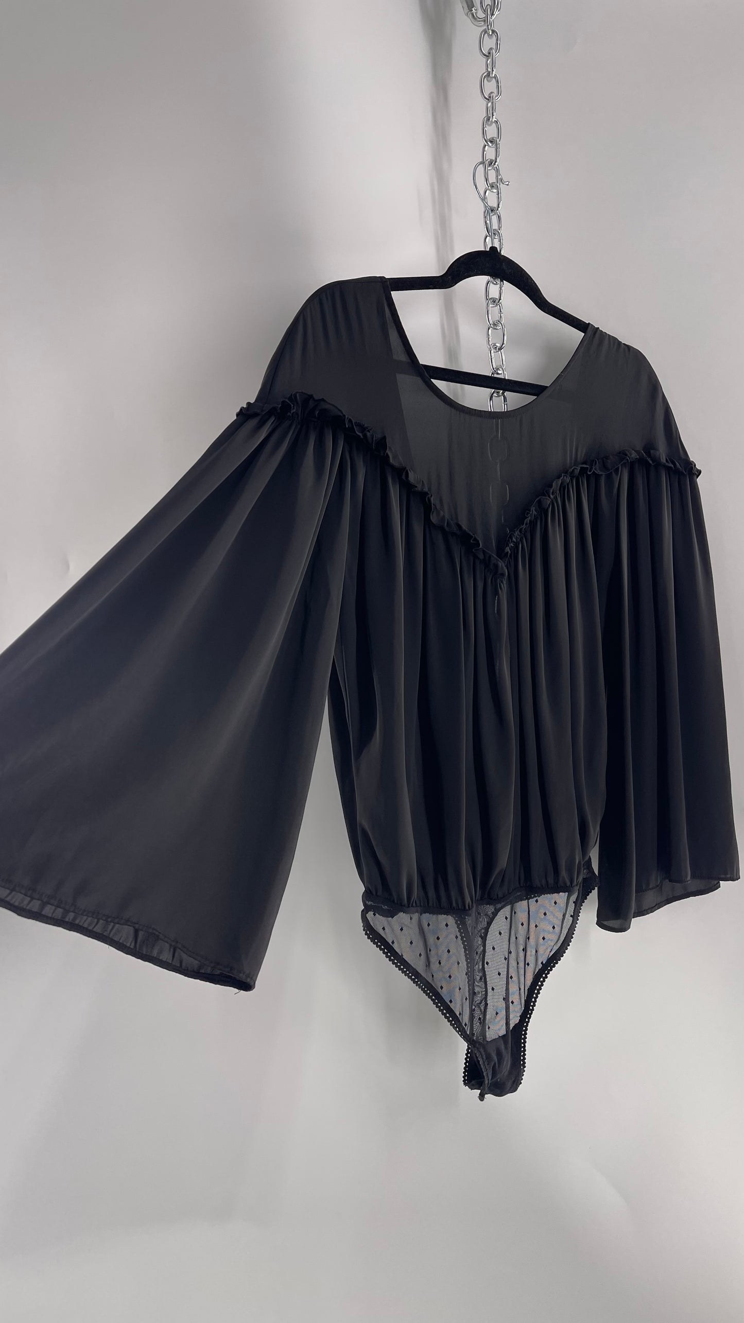 Free People Black Silky Ruffled Sweetheart Neckline Detail with Pleated Bodice and Open Back (XS)