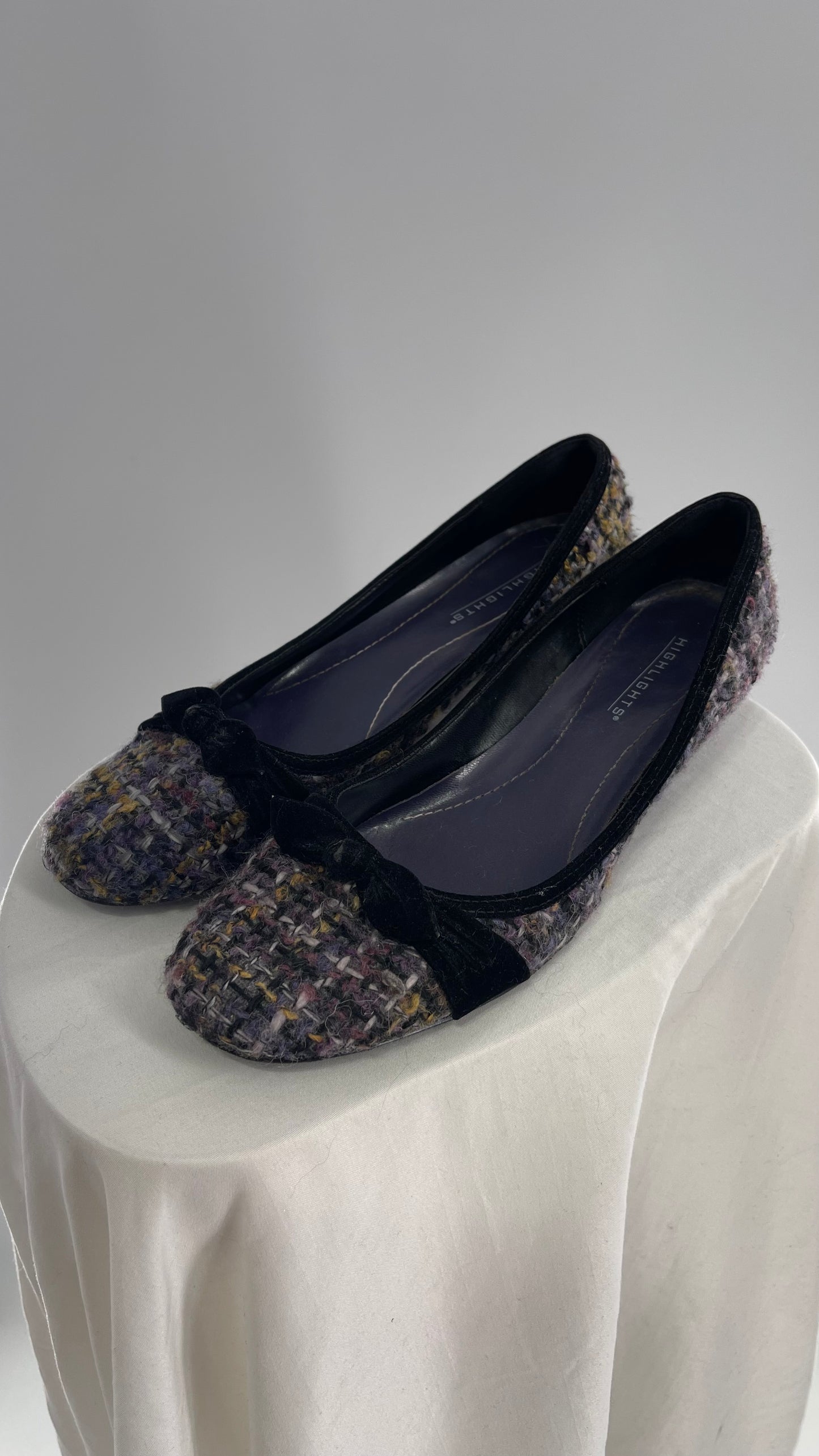 Vintage HIGHLIGHTS Tweed Micro Kitten Heel with Velvet Bow Strap (7)