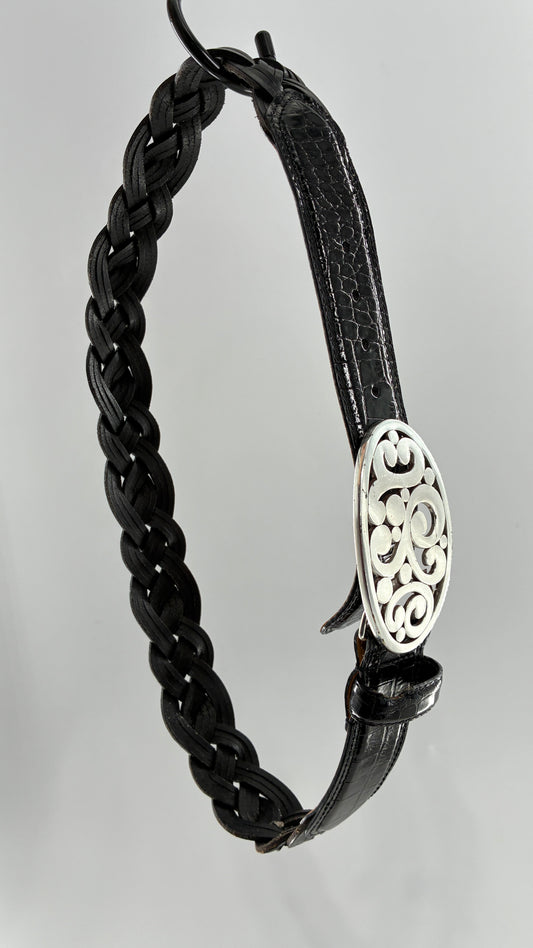 Brighton Black Leather Braided Belt with Oversized Silver Buckle (32)