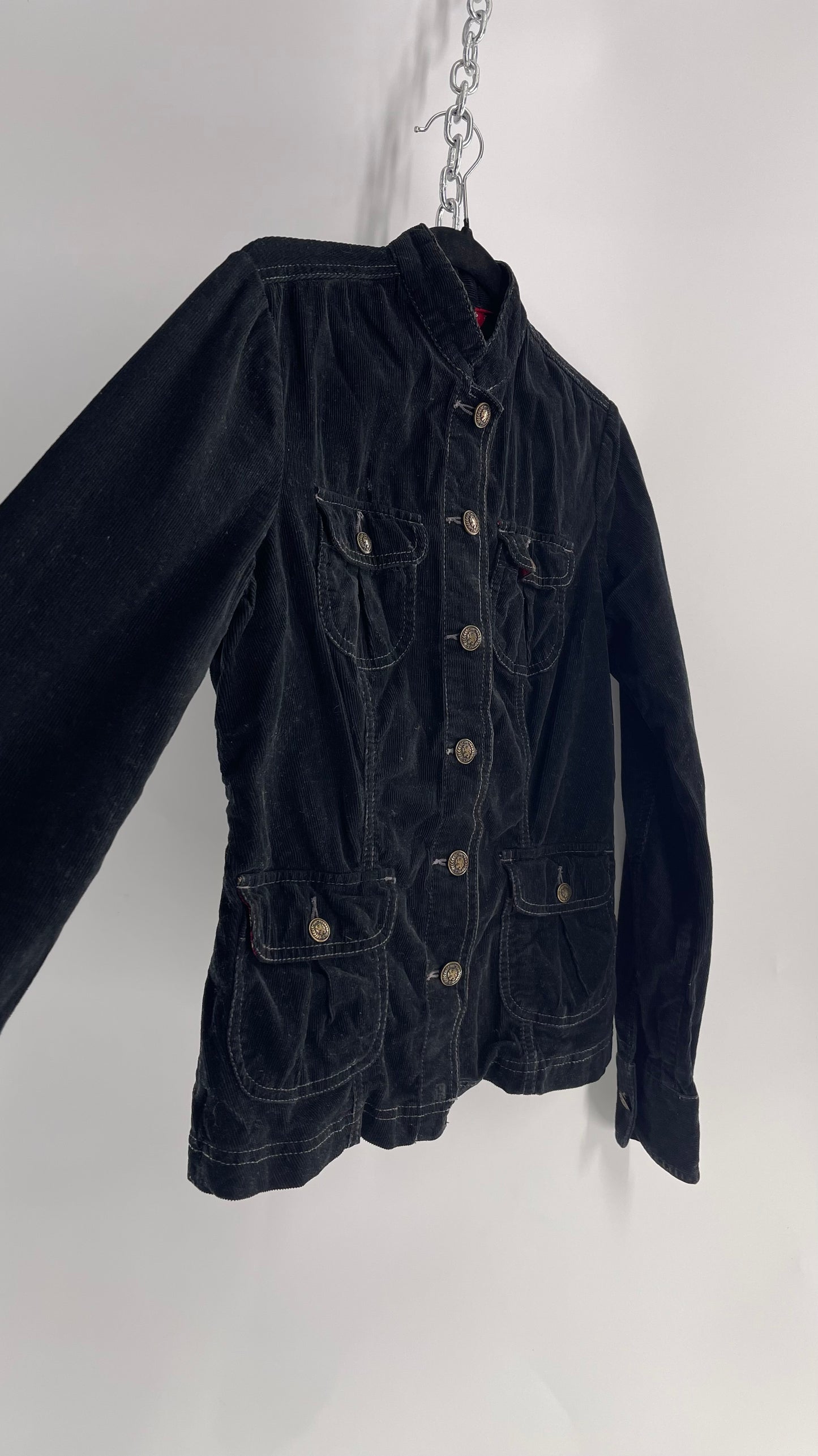 Tommy Hilfiger Black Corduroy Jacket with Pleated Pocket Details (Small)