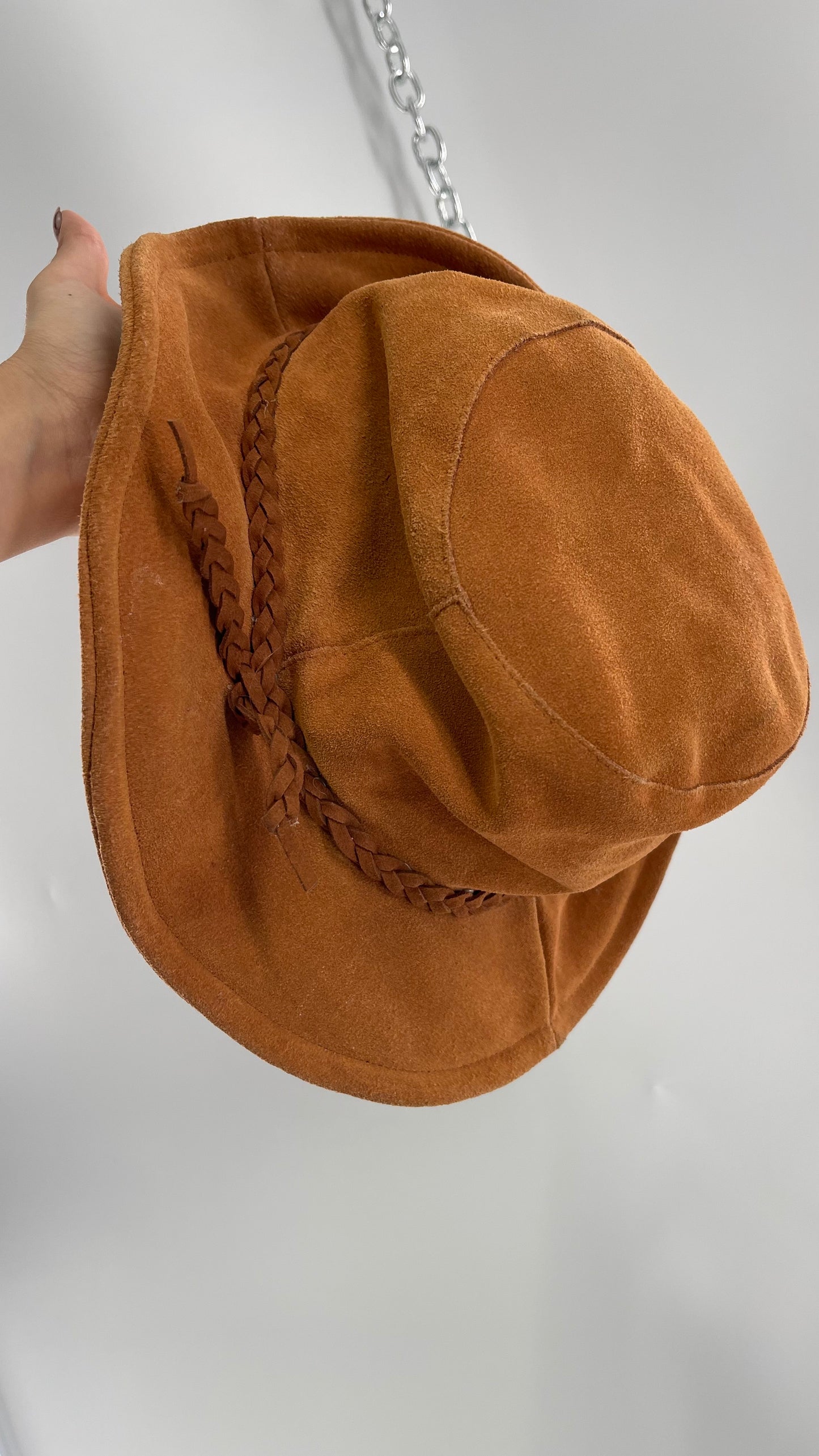 Free People Burnt Orange Suede Genuine Leather Sun Hat with Braided Belt