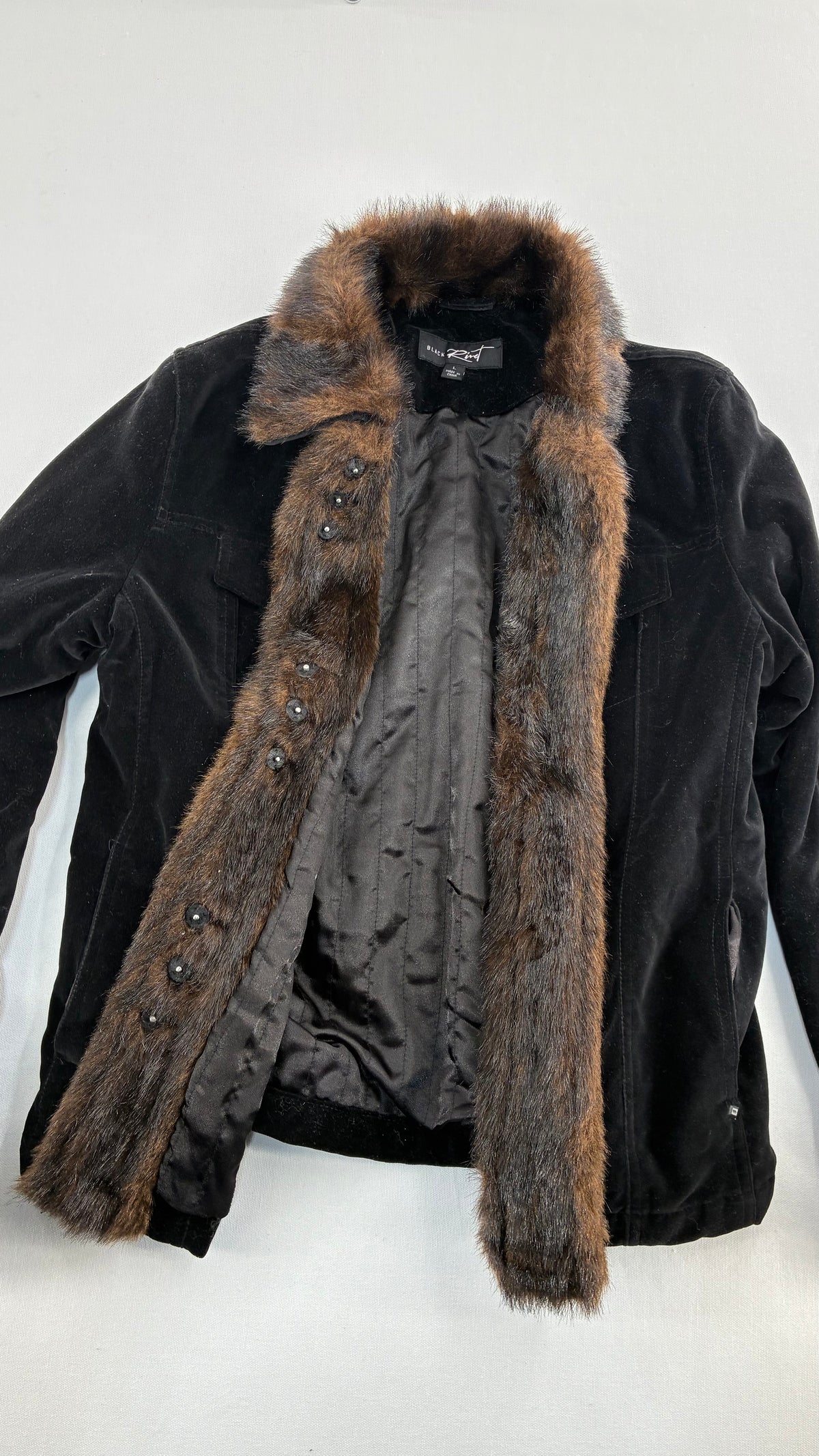 Vintage BLACK RIVET Velour Jacket with Vegan Fur Trim Collar and Cuffs (Large)