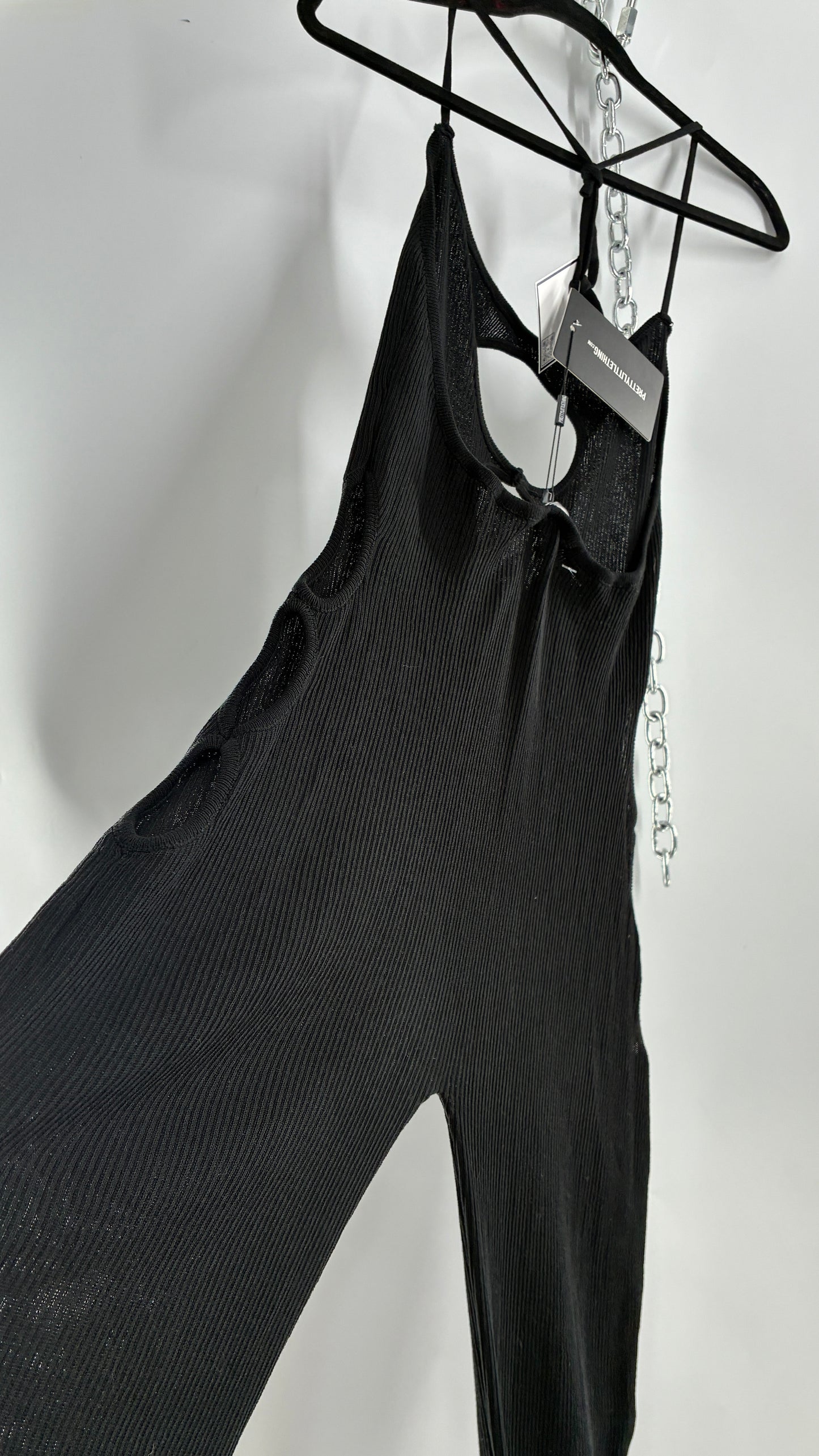 Pretty Little Thing Black Sheer Knit Cut Out Halter Neck Jumpsuit with Tags (Large)