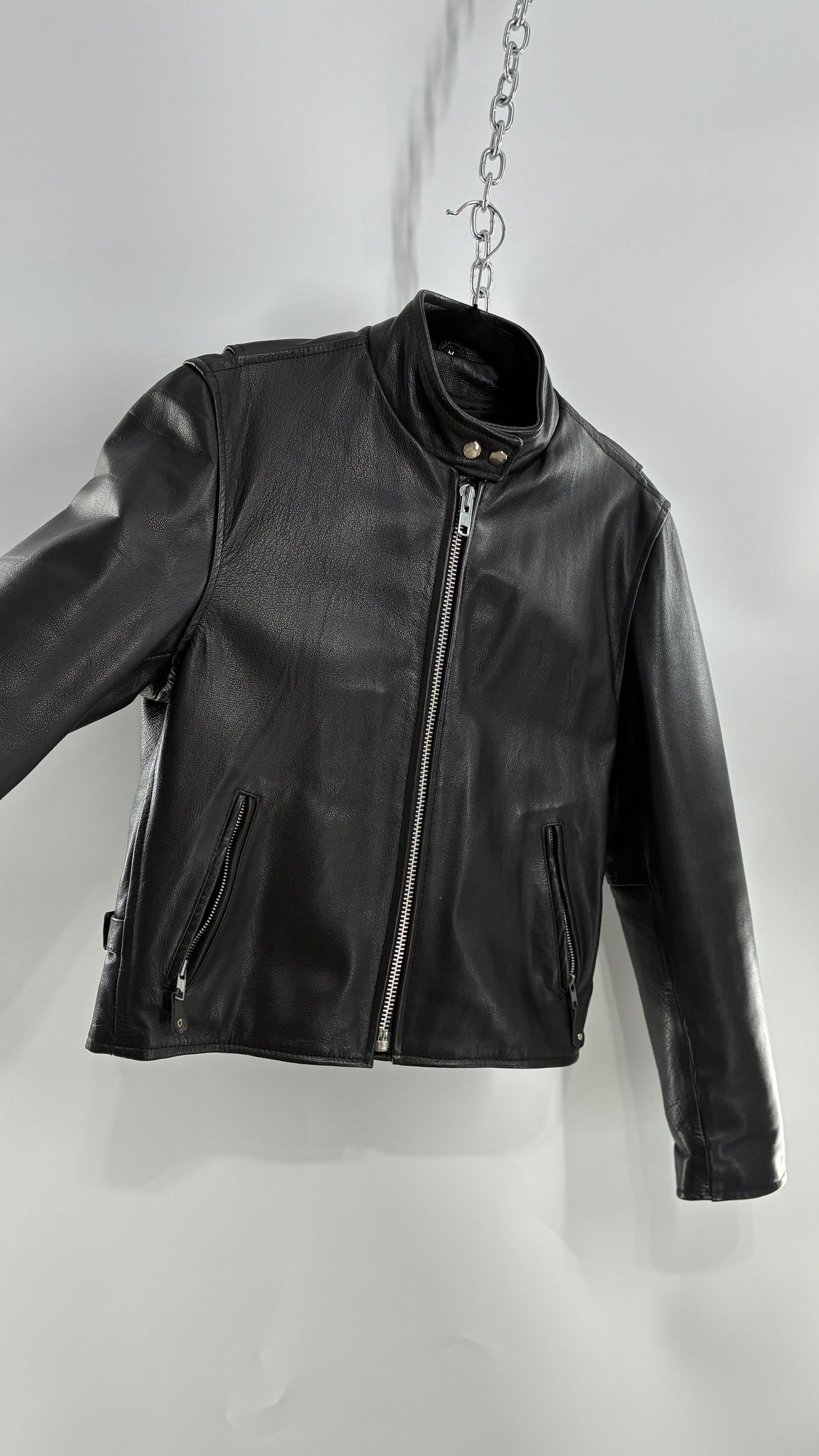 Vintage DOC’s Black Thick Leather Jacket with Removable Quilted Lining, Zippered Sides and Heavy Metal Details (Medium)