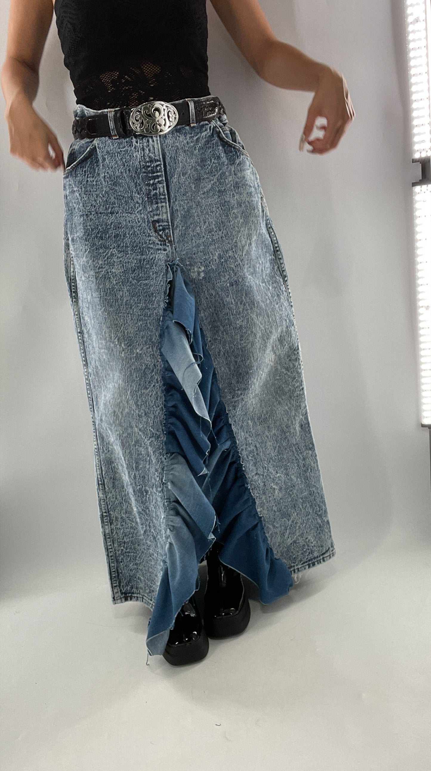 Custom Handmade Acid Wash Denim Slit Front Ruffled Skirt with Bow Bum (Large)