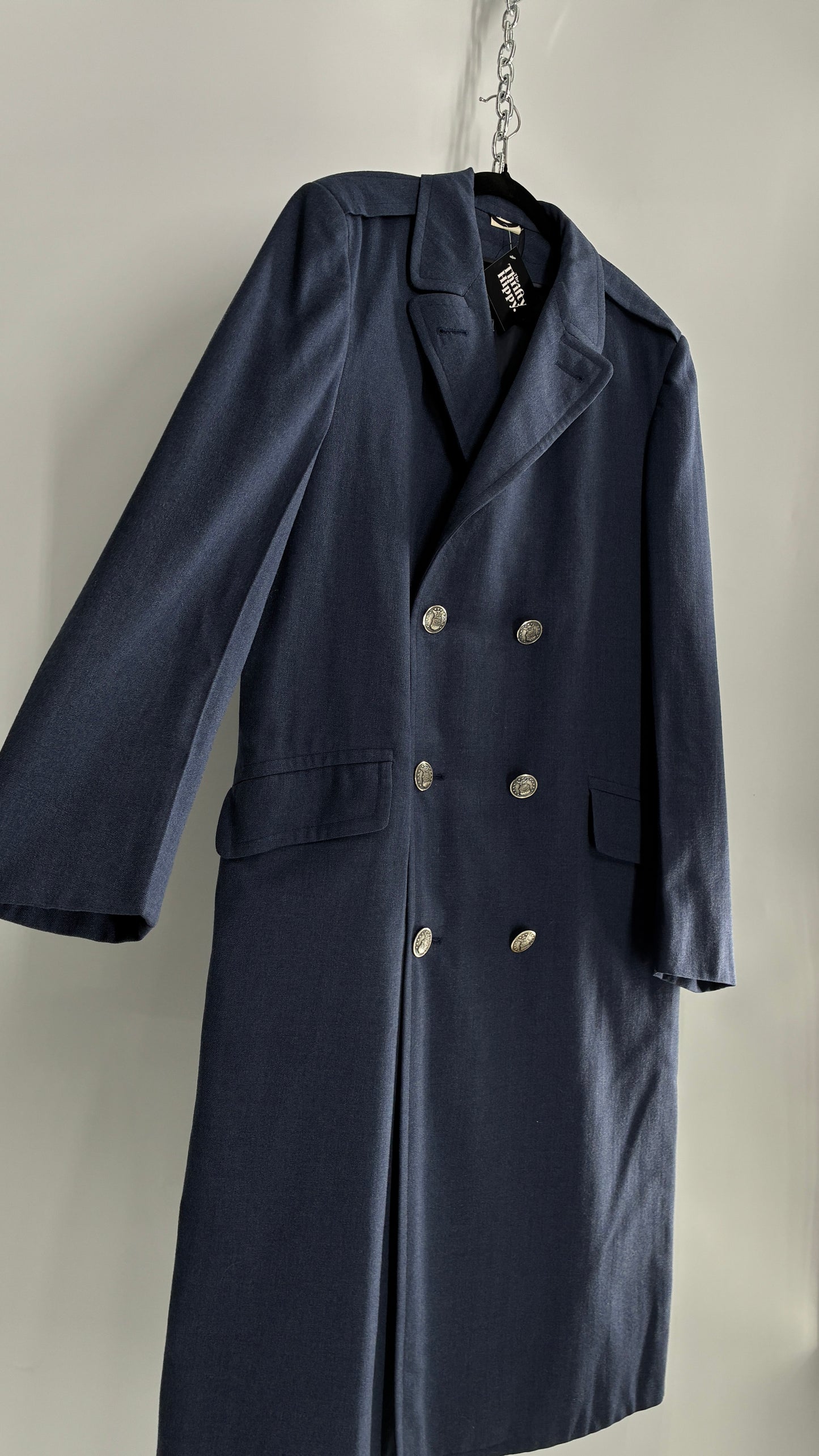 Vintage Military Style Navy Blue Woven Heavy Duty Long Coat