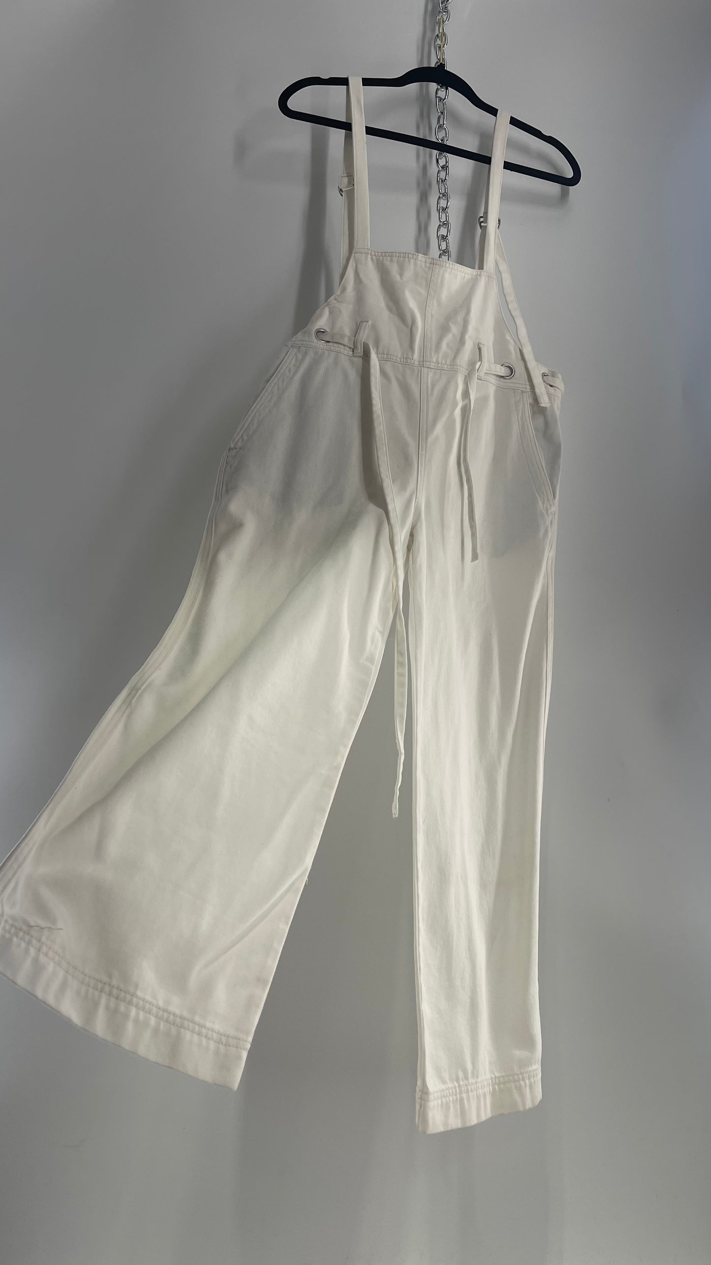 Free People White Denim Jumpsuit with Low Front and Open Back (Small)