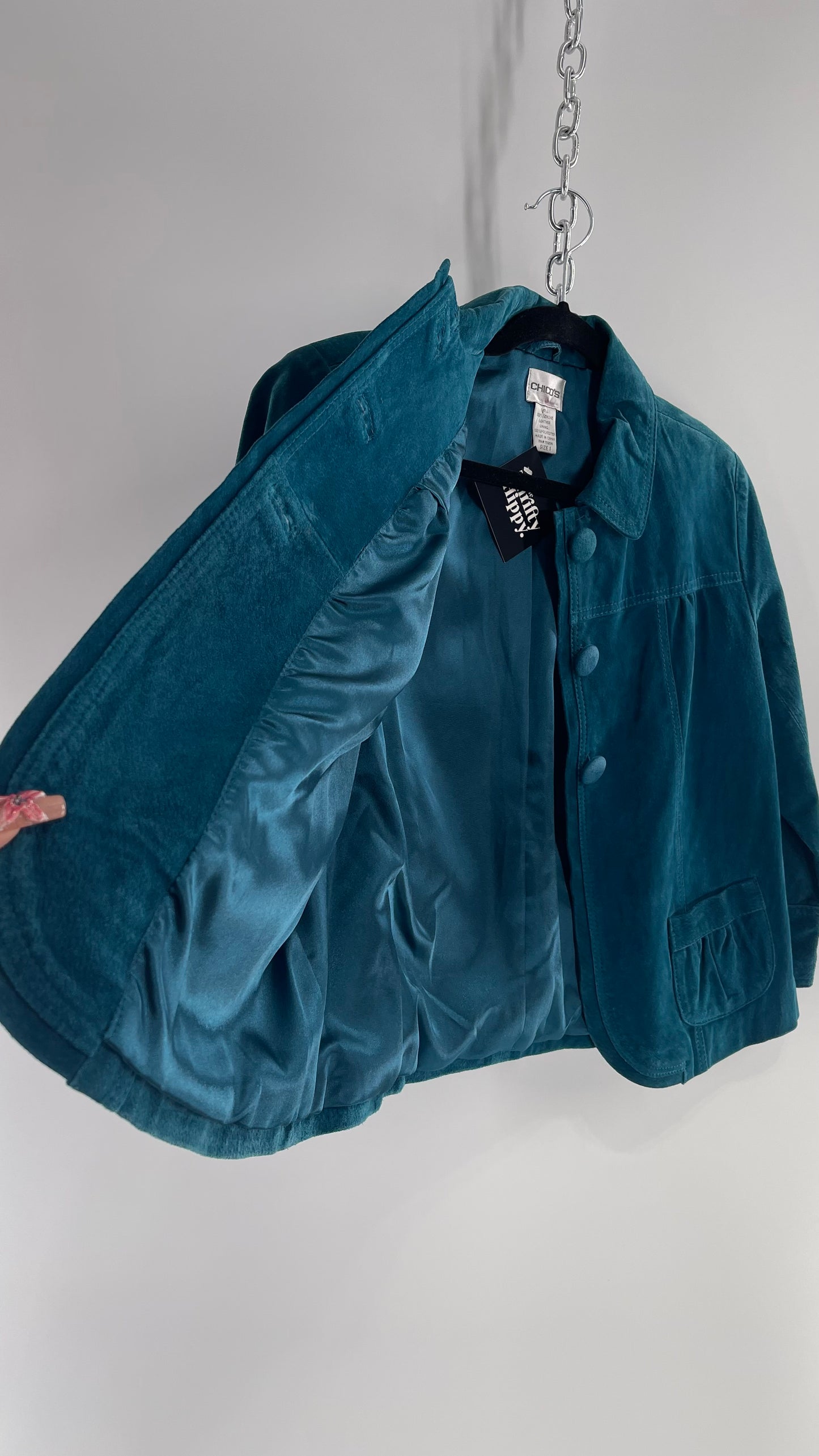 VINTAGE CHICO’s Suede Leather Teal Blue Cropped Bolero Blazer (Large)