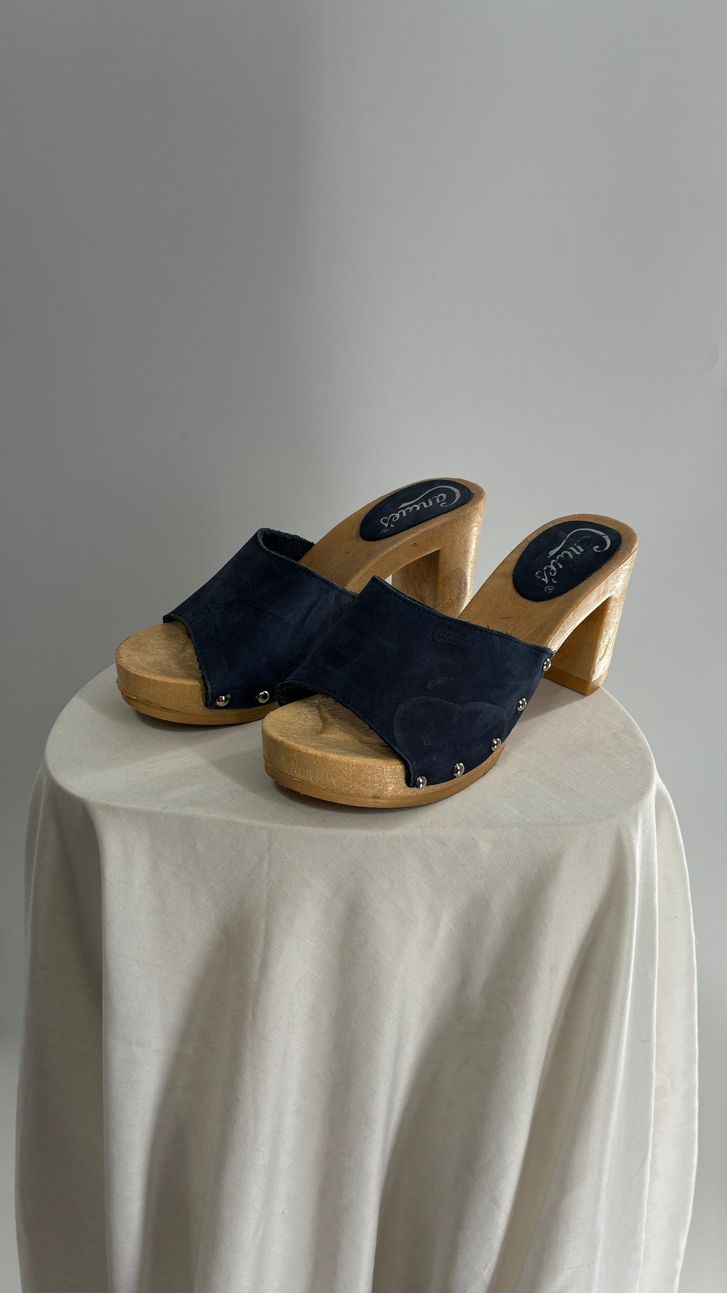 Vintage Candies 1980s Navy Blue HOT Side Studded High Heel Slides (8)