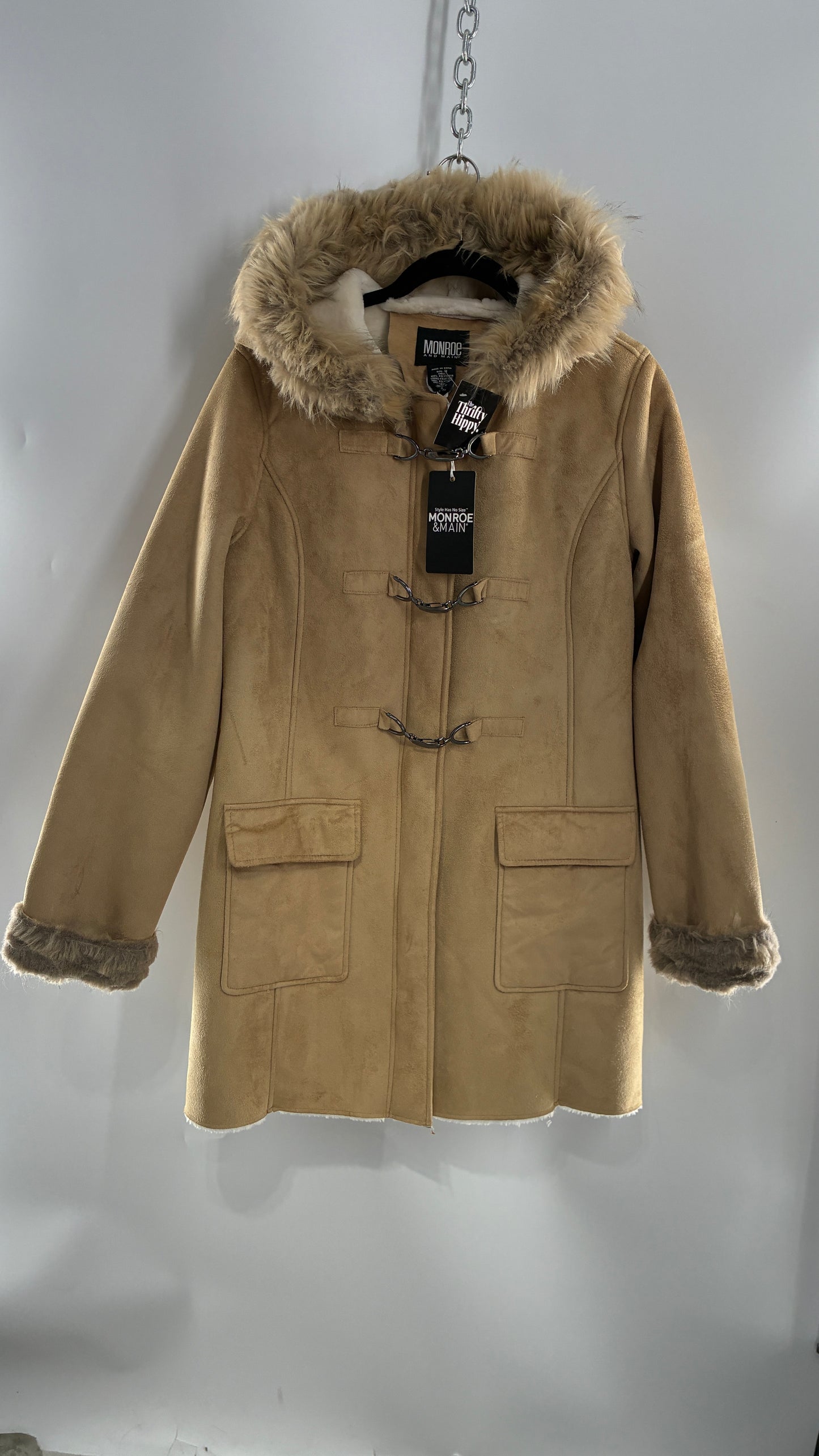Deadstock Vintage MONROE AND MAIN Vegan Suede Coat with Fur Cuffs and Hood, Tags Attached (Medium)