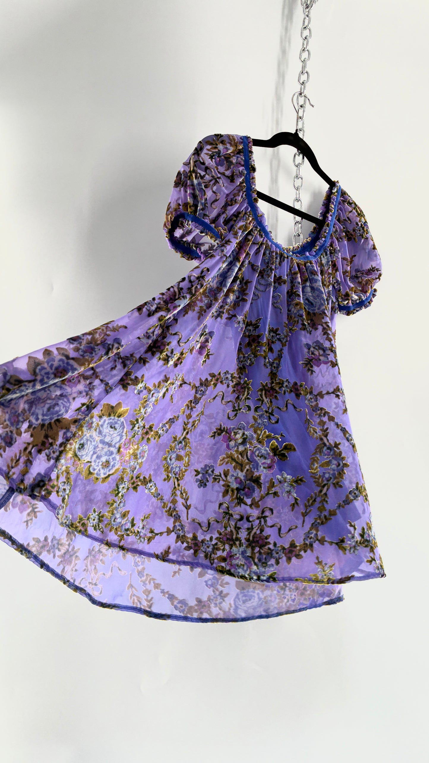 Free People Royal Blue Velour Floral and Bow Puff Sleeve Babydoll Mini Dress (XS)