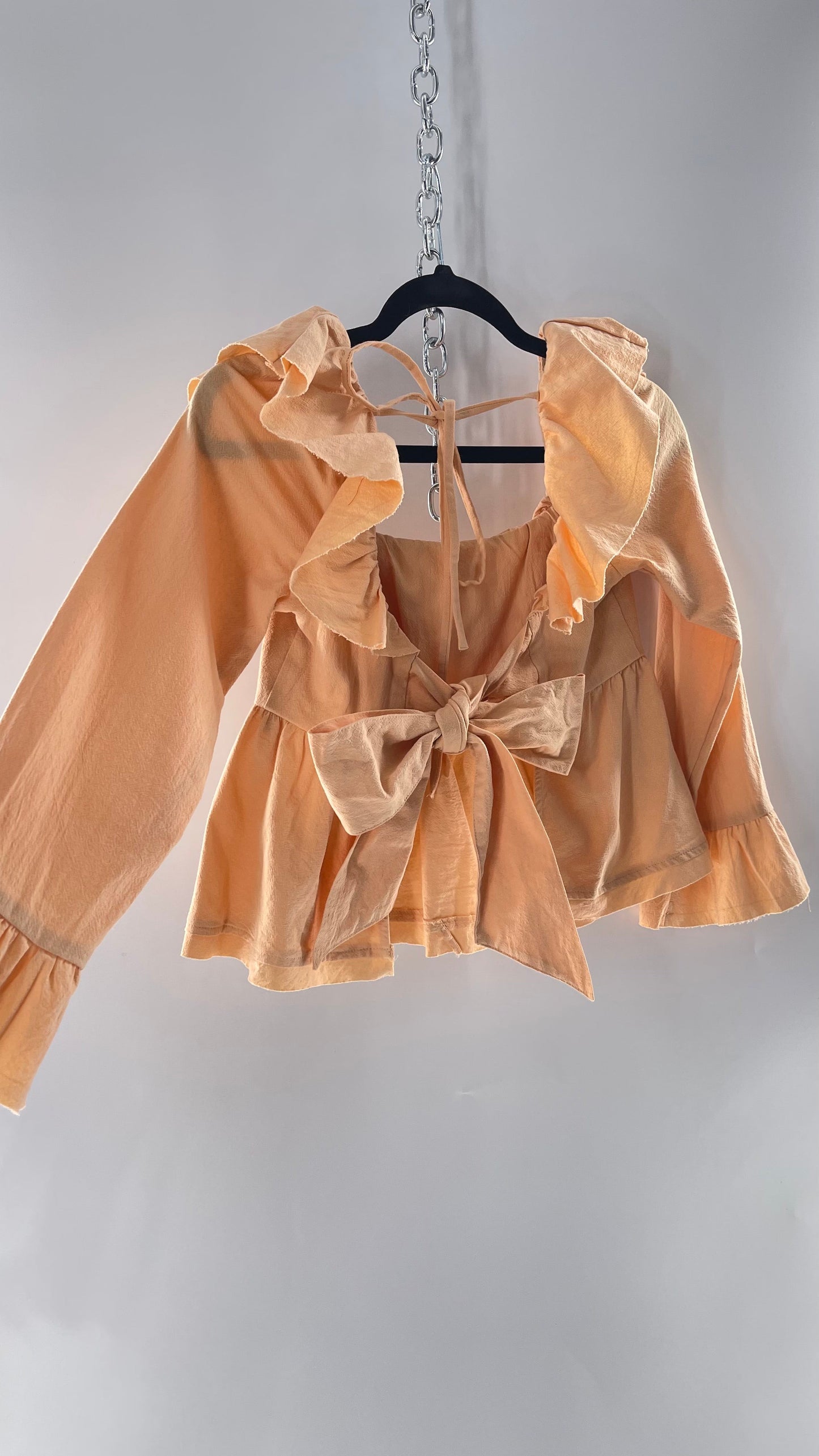 Free People Pumpkin Light Orange Backless Bow Back Cropped Blouse with Ruffle Sleeve and Neckline (XS)
