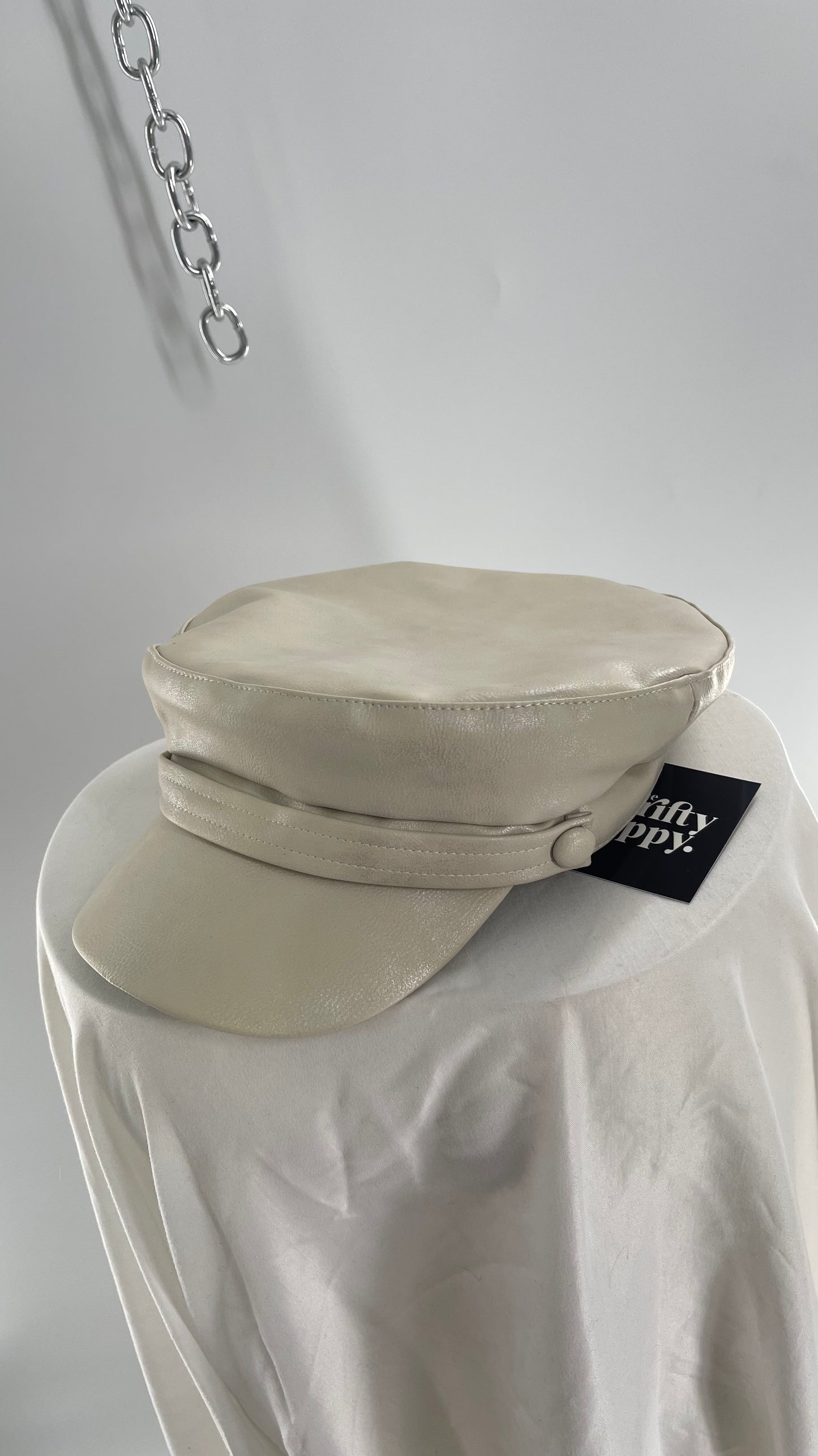 White Faux Leather Newsboy Cap