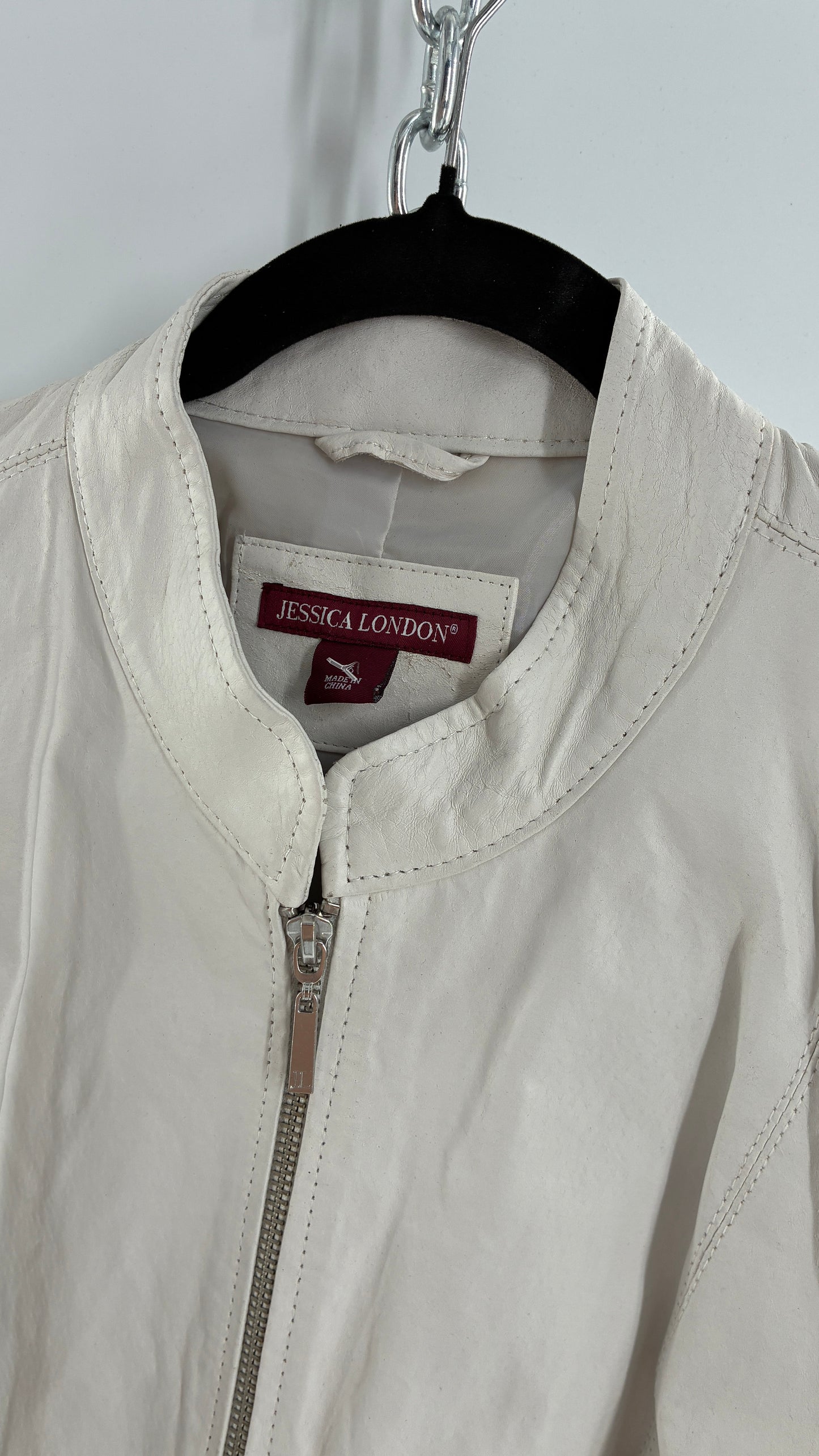 Deadstock Vintage JESSICA LONDON White Genuine Leather Paneled Motorcycle Jacket (16)
