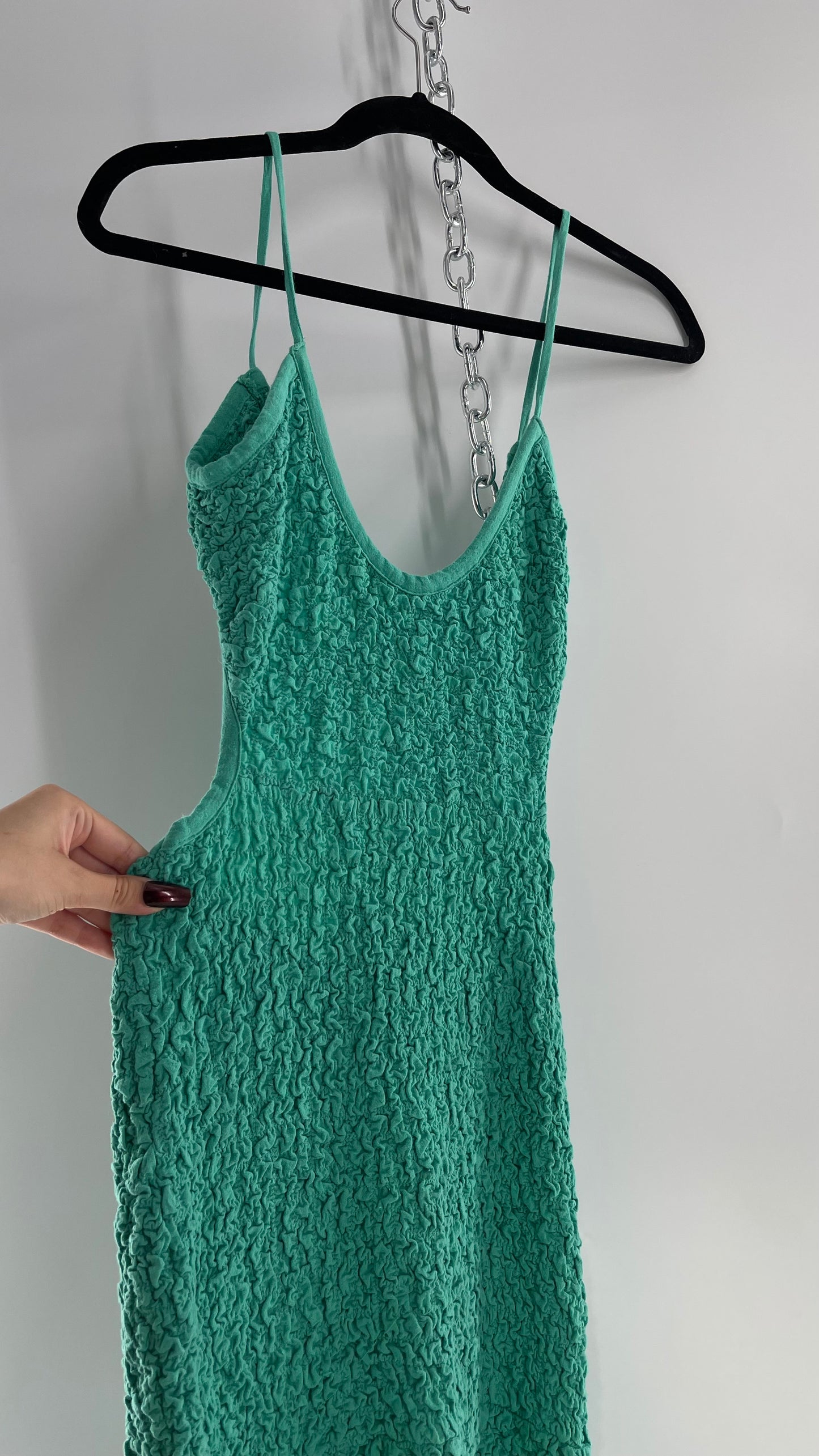 Free People Kelly Green Popcorn Maxi Dress with Low, Open Back Detail (XS)