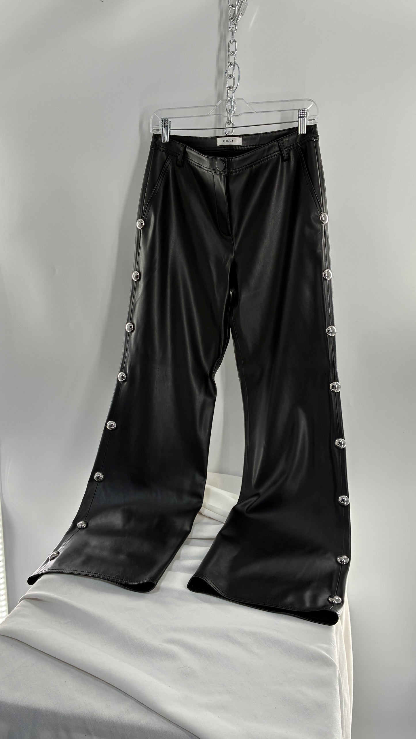 Vintage MILLY Black Vegan Leather Wide Leg Pants with Silver Oversized Studs