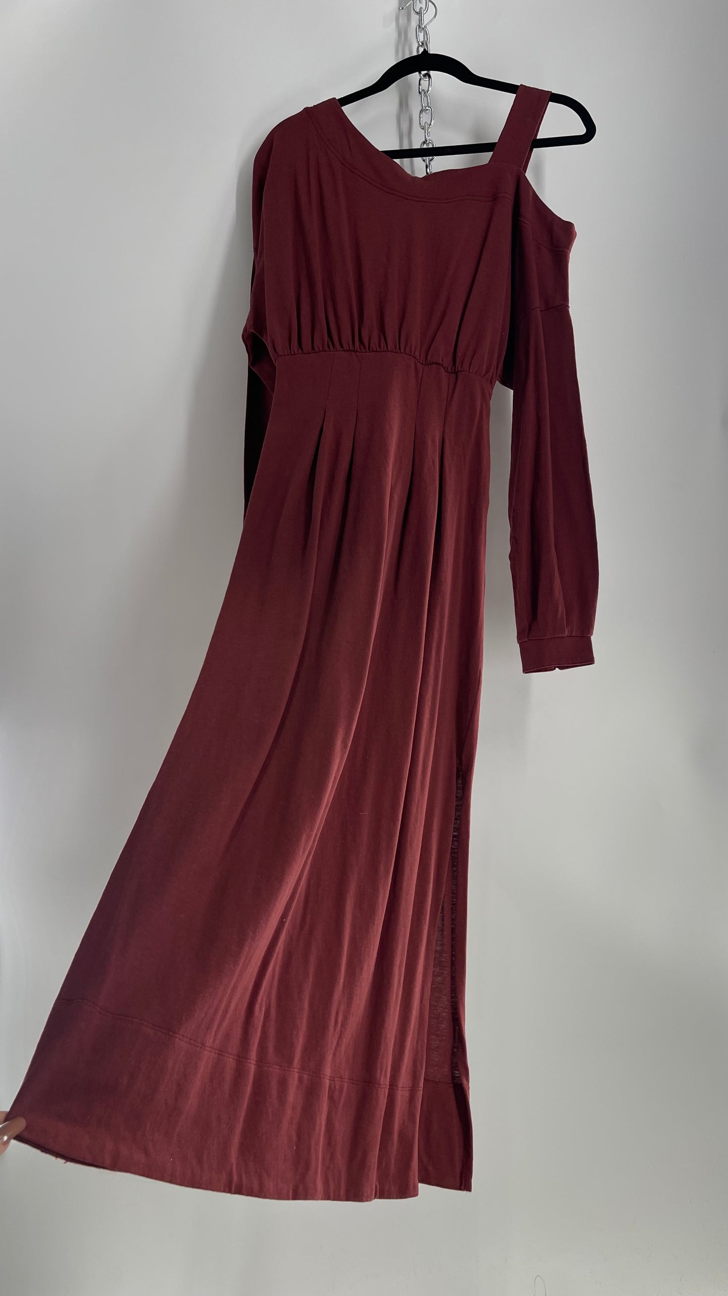 Free People Maroon Bubble Sleeve, Side Button, Off Shoulder Dress (Small)