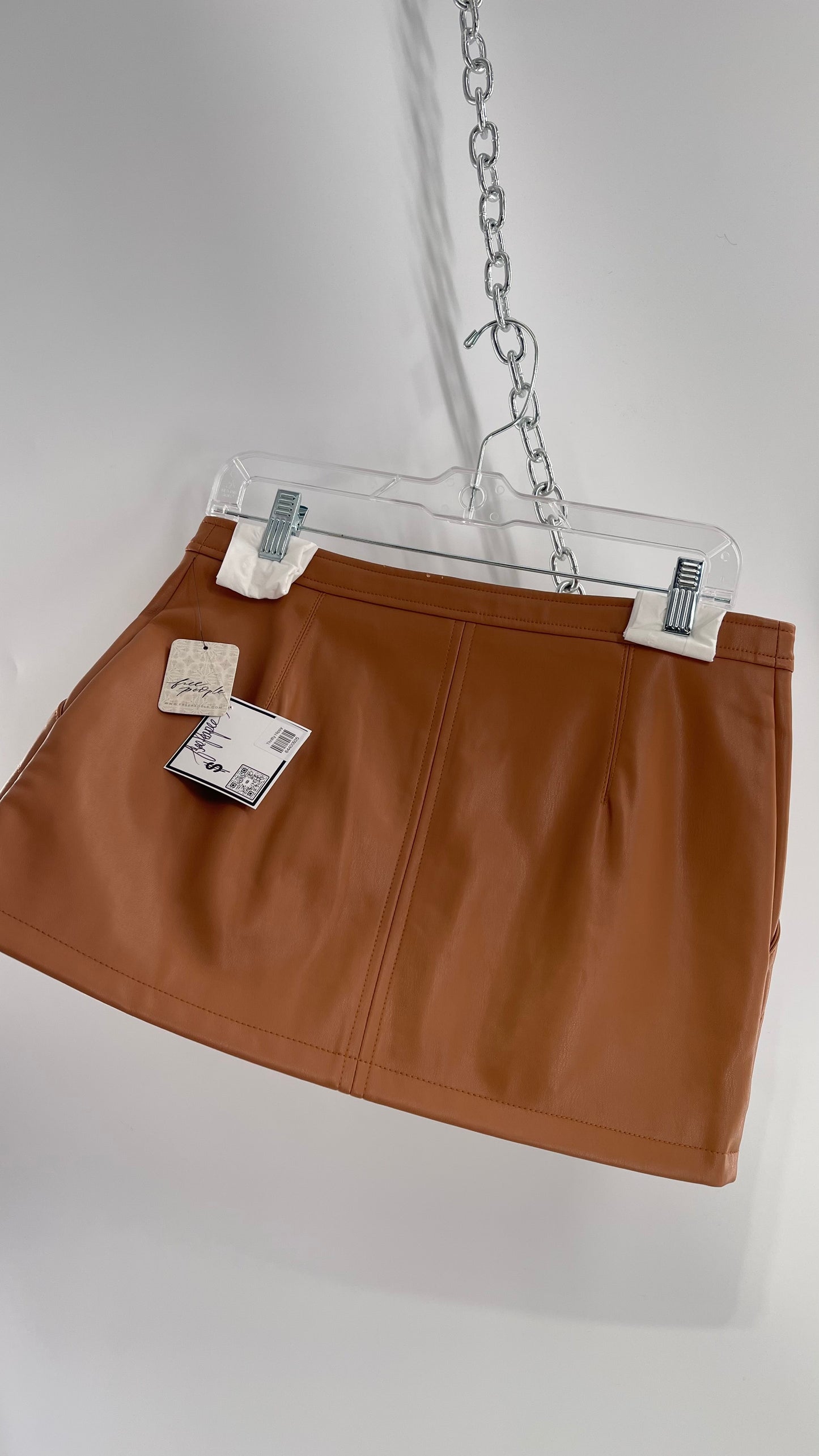 Free People Cognac Brown Vegan Leather Zip Front Skirt with Tags Attached (6)