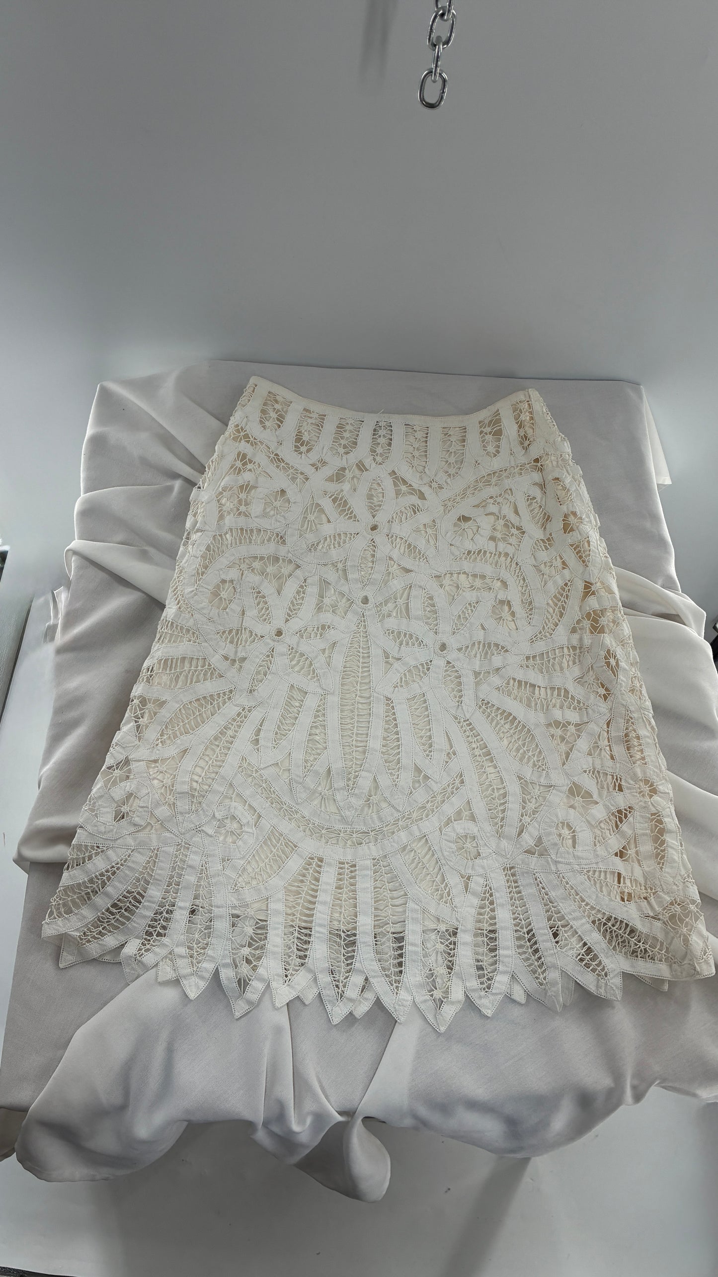 Vintage LAFAYETTE 148 NEW YORK 100% Cotton White Lace Skirt with 100% Silk Underlay (6)