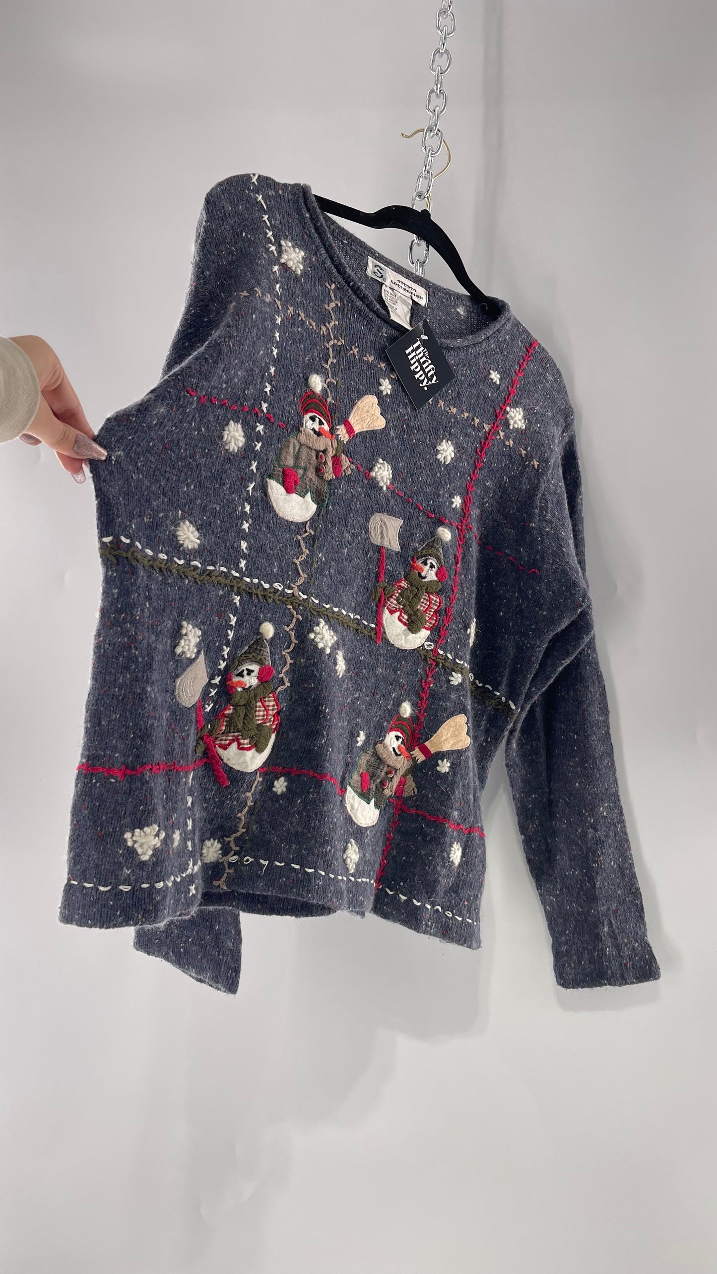 Vintage Urban Outfitters Christmas/Holiday Sweater with Festive Snowmen Snowflakes, and Contrast Stitch Detail  (S)