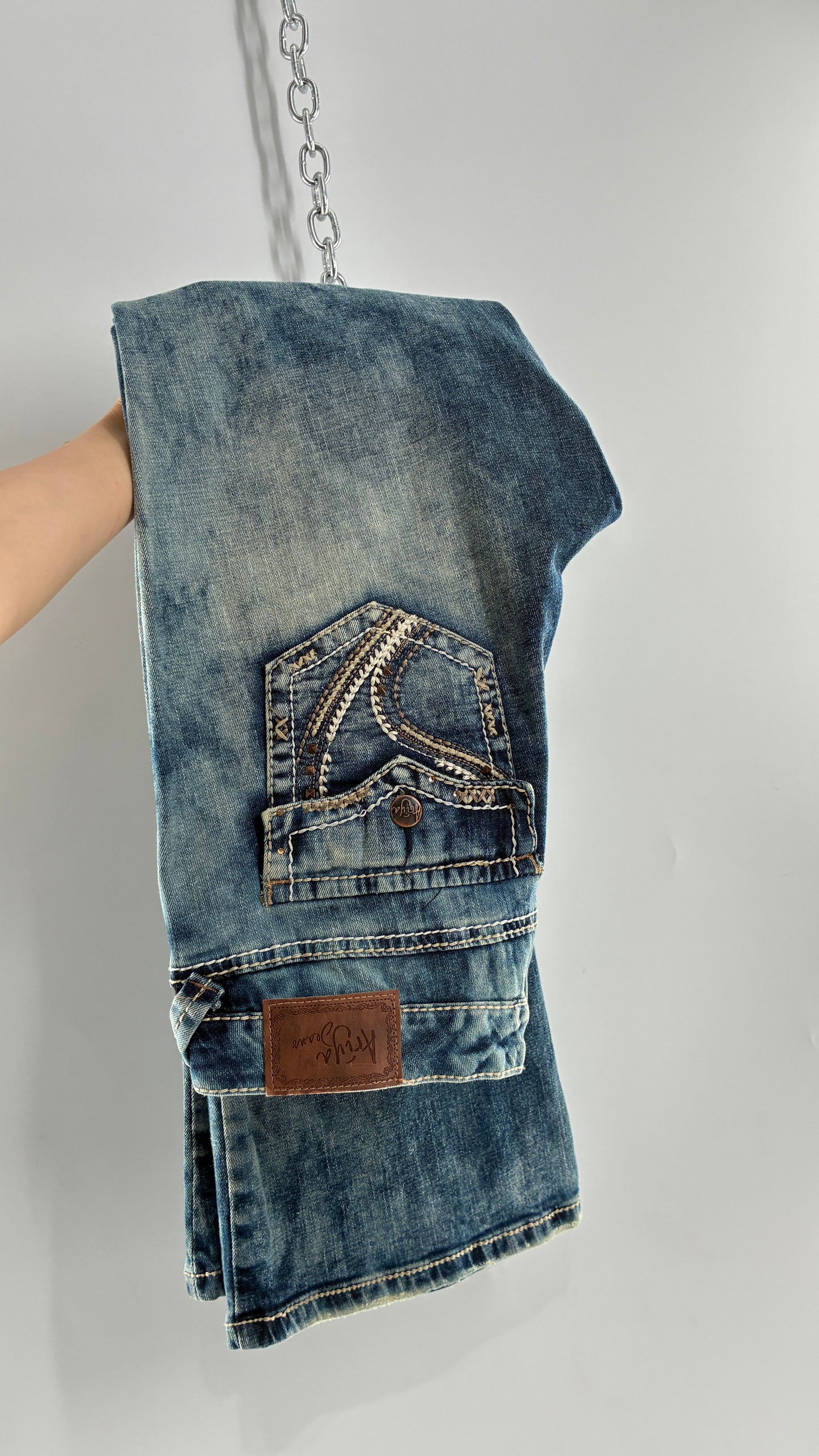Vintage ARIYA JEANS Acid Washed Kick Flares with Embroidered Pockets (15/16)