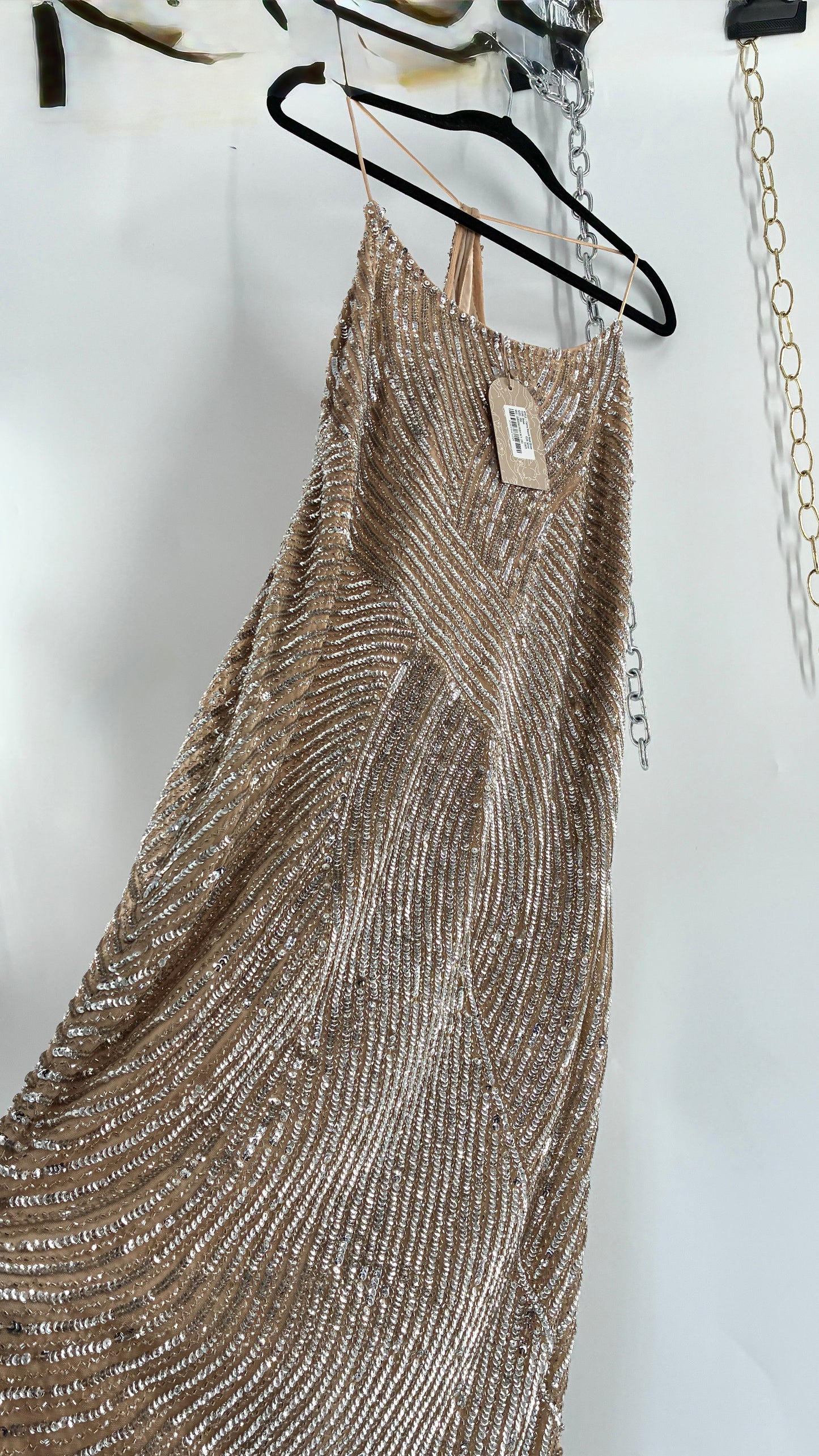 MESHKI Tierra Nude Full Length Dress with Silver Sequins with Tags Attached (XXXL)