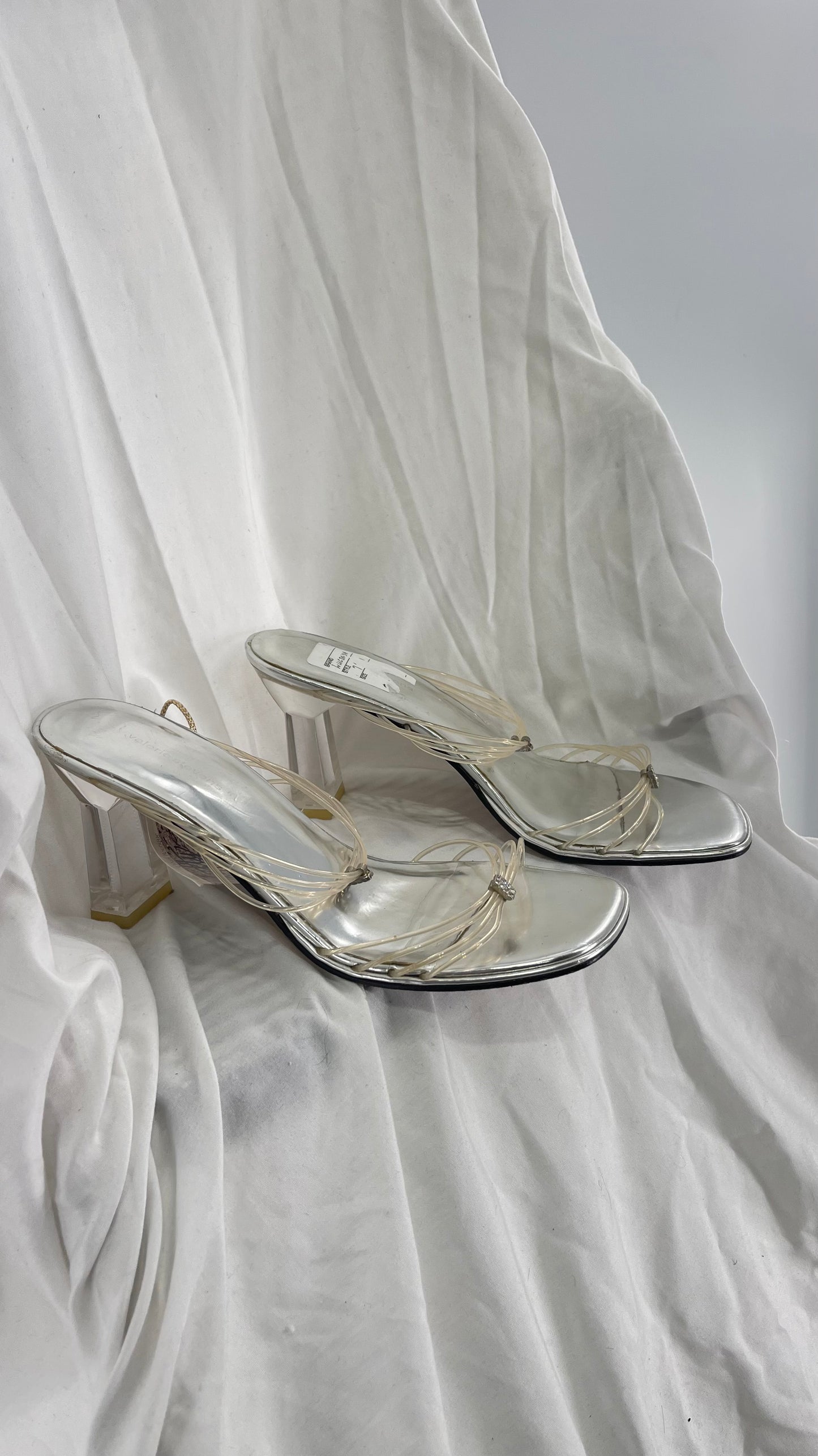 Vintage Valerie Steven’s Silver Kitten Heel with Translucent Straps, Lucite Heel and Rhinestone Detailing (7.5)