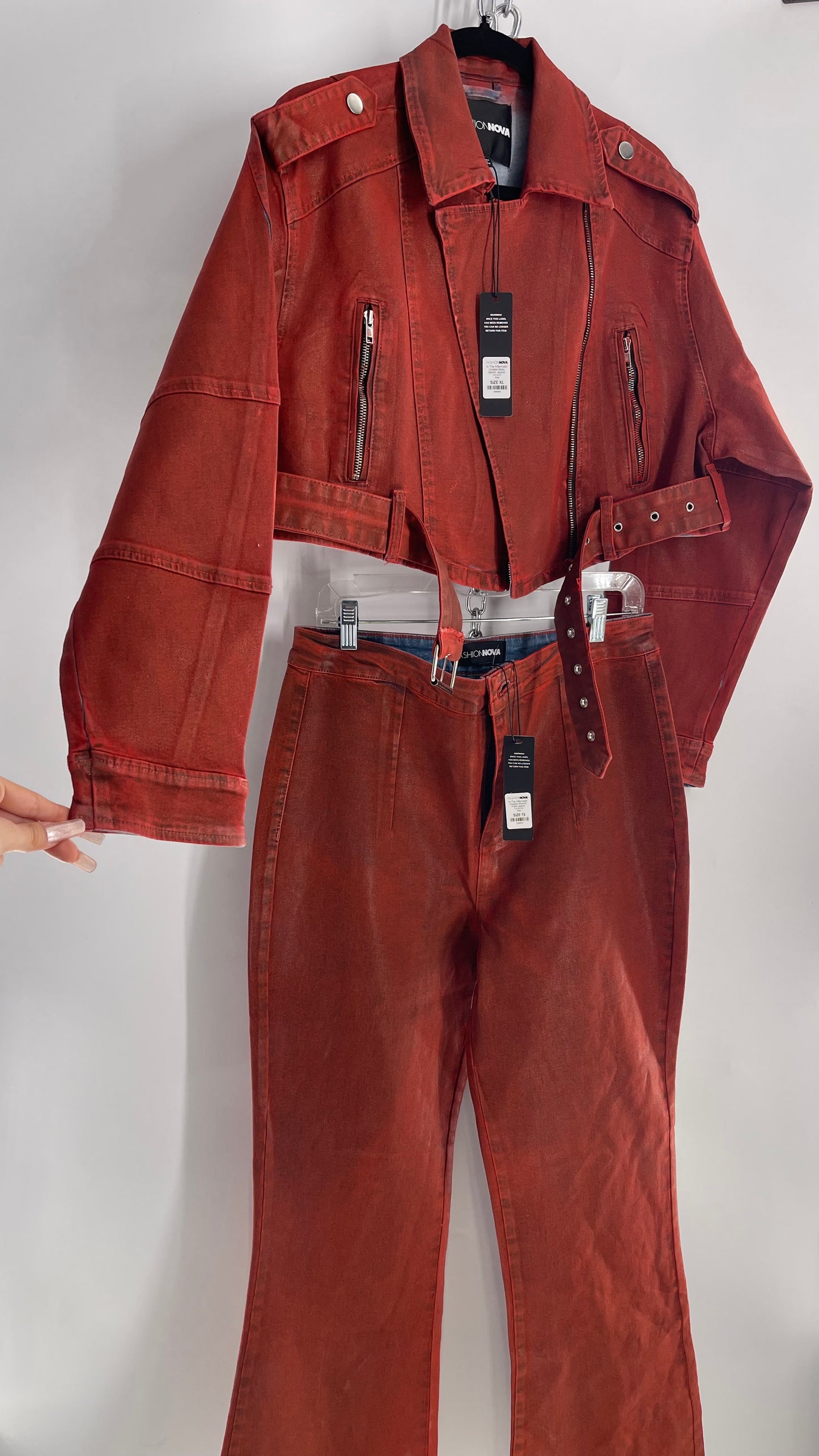 Fashion Nova Red Waxed Denim Cropped Motorcycle Jacket with Flared Jean Set and Tags Attached (XL/15)