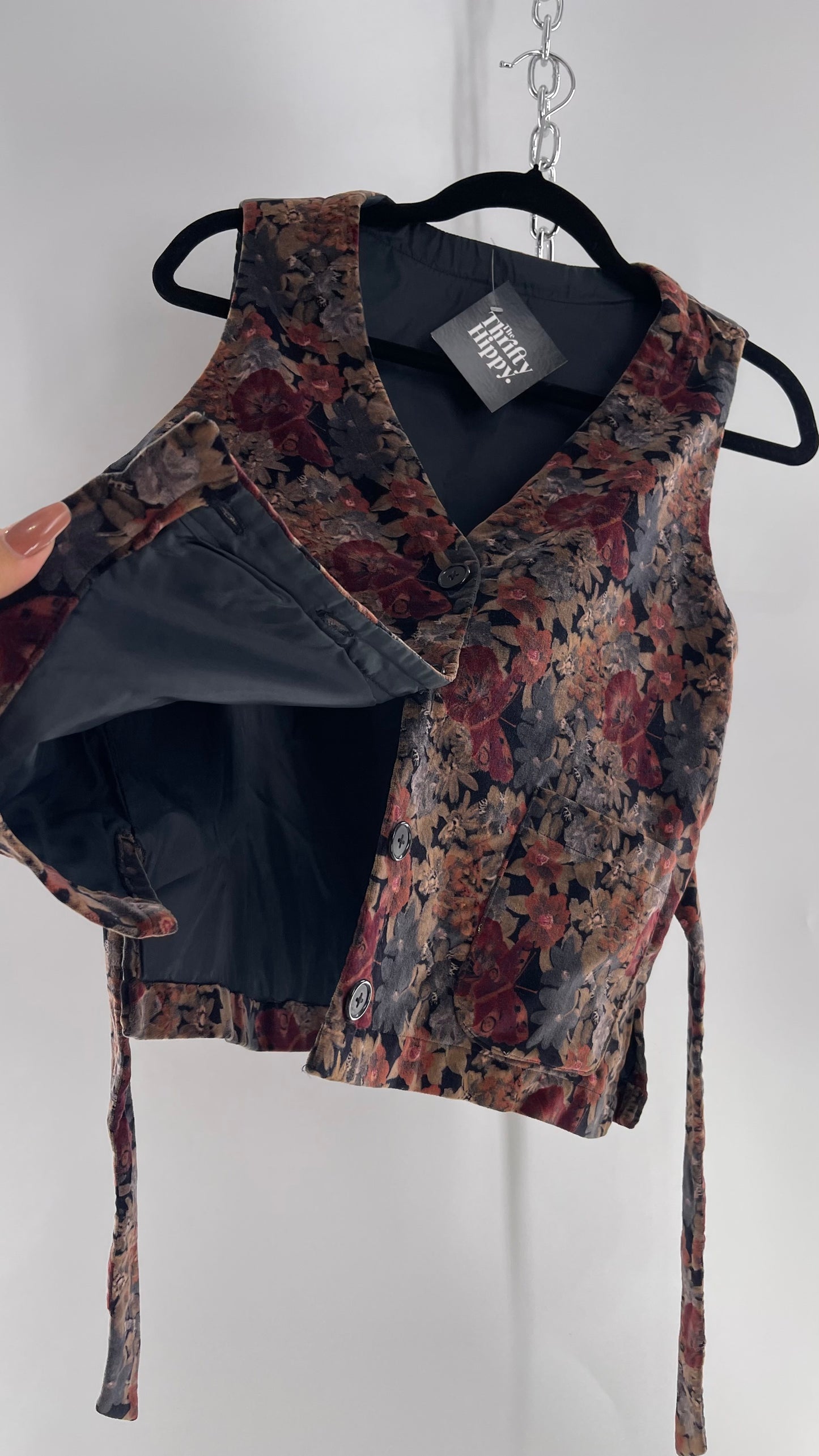 Vintage Muted Florals Velvet Vest with Front Pockets and Waist Tie (Medium)