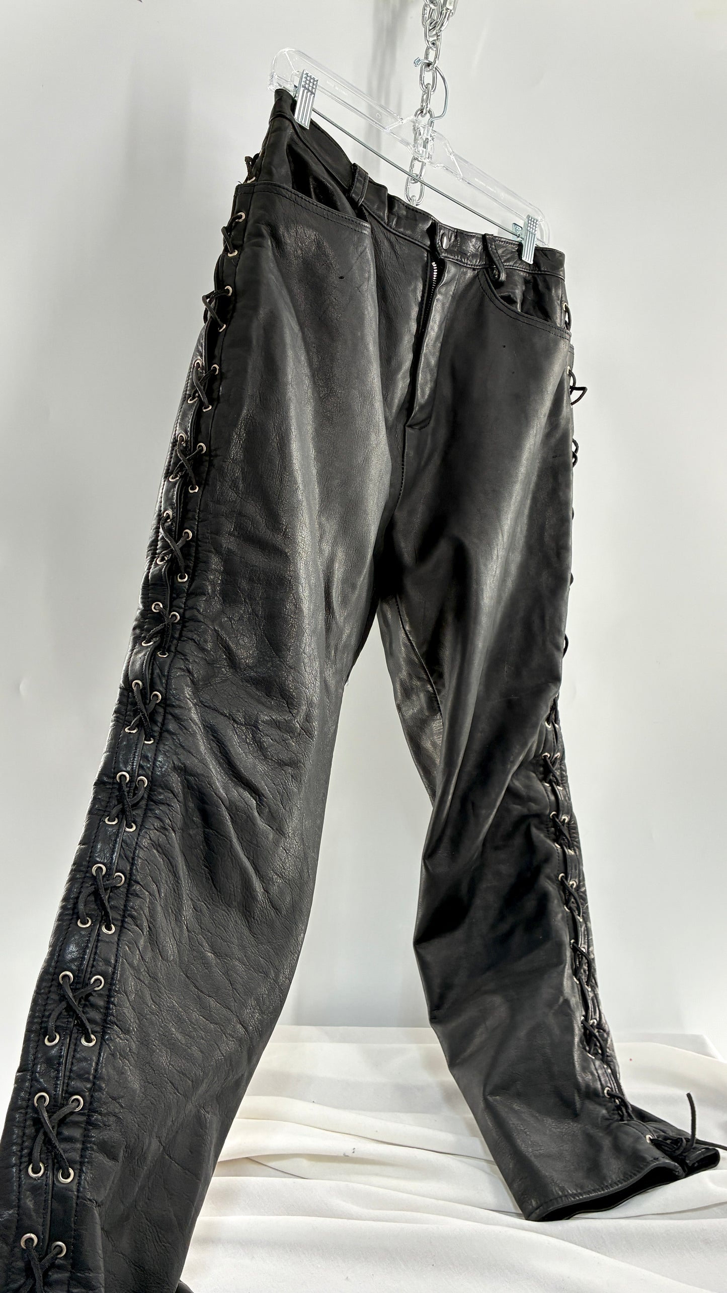 Vintage Thick Ultra Soft Black Leather Pants with Tie Up Sides (Medium)