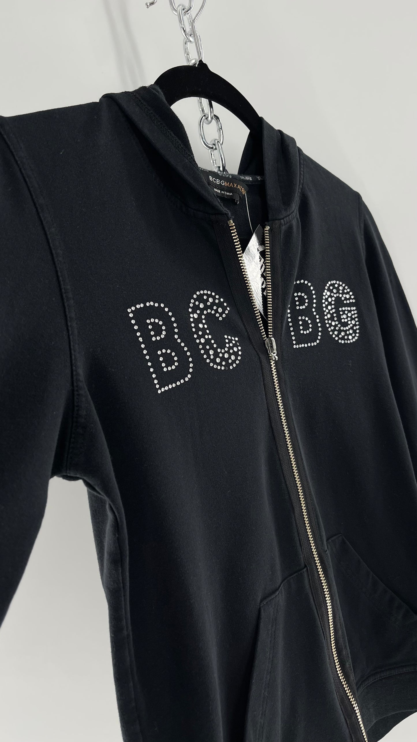 Vintage BCBG Rhinestone Logo Hoodie with Zip Up Studded Hood (Medium)
